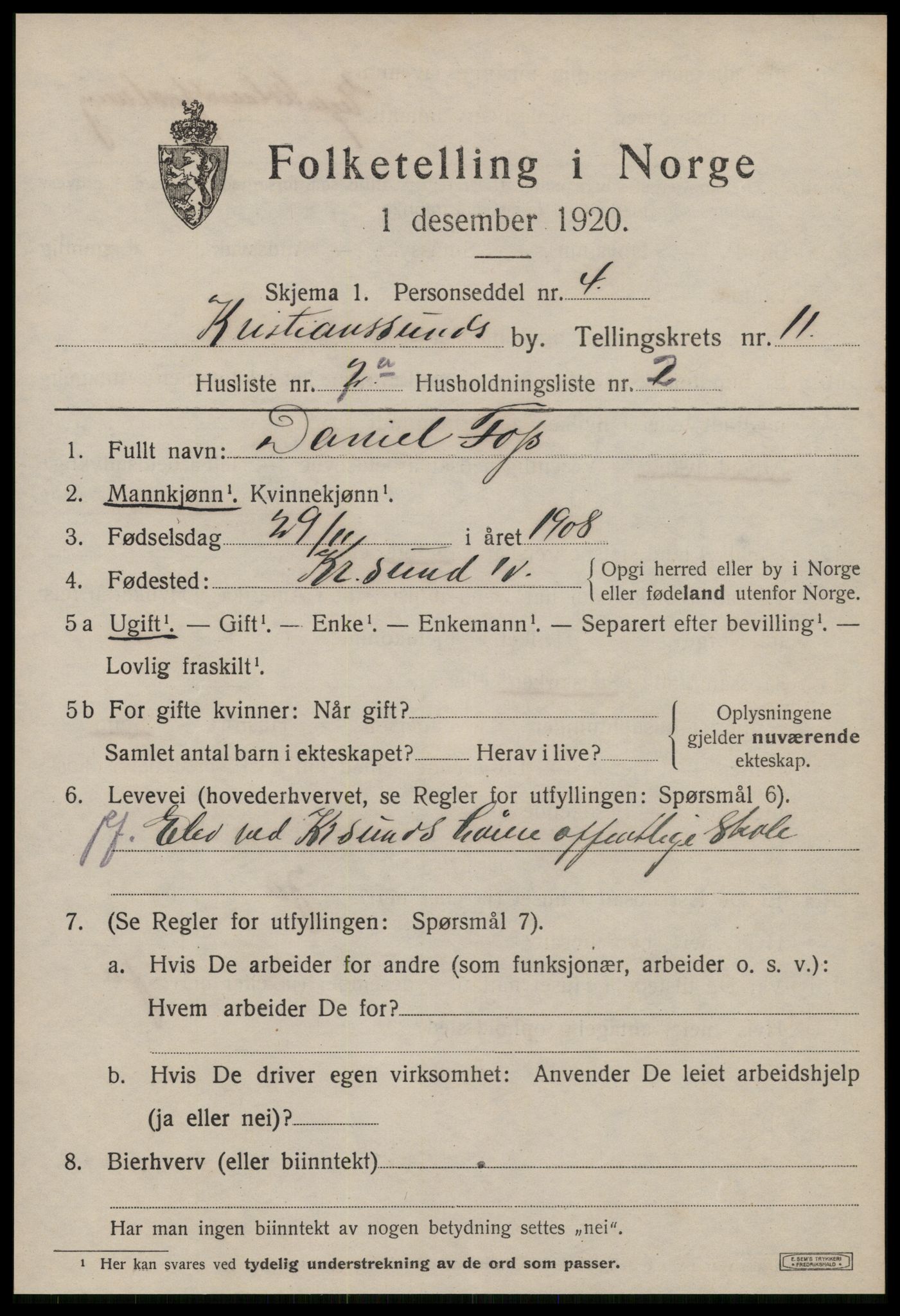 SAT, 1920 census for Kristiansund, 1920, p. 24083