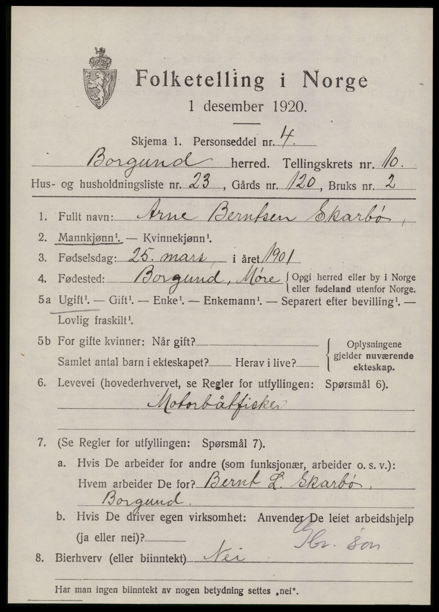 SAT, 1920 census for Borgund, 1920, p. 9656