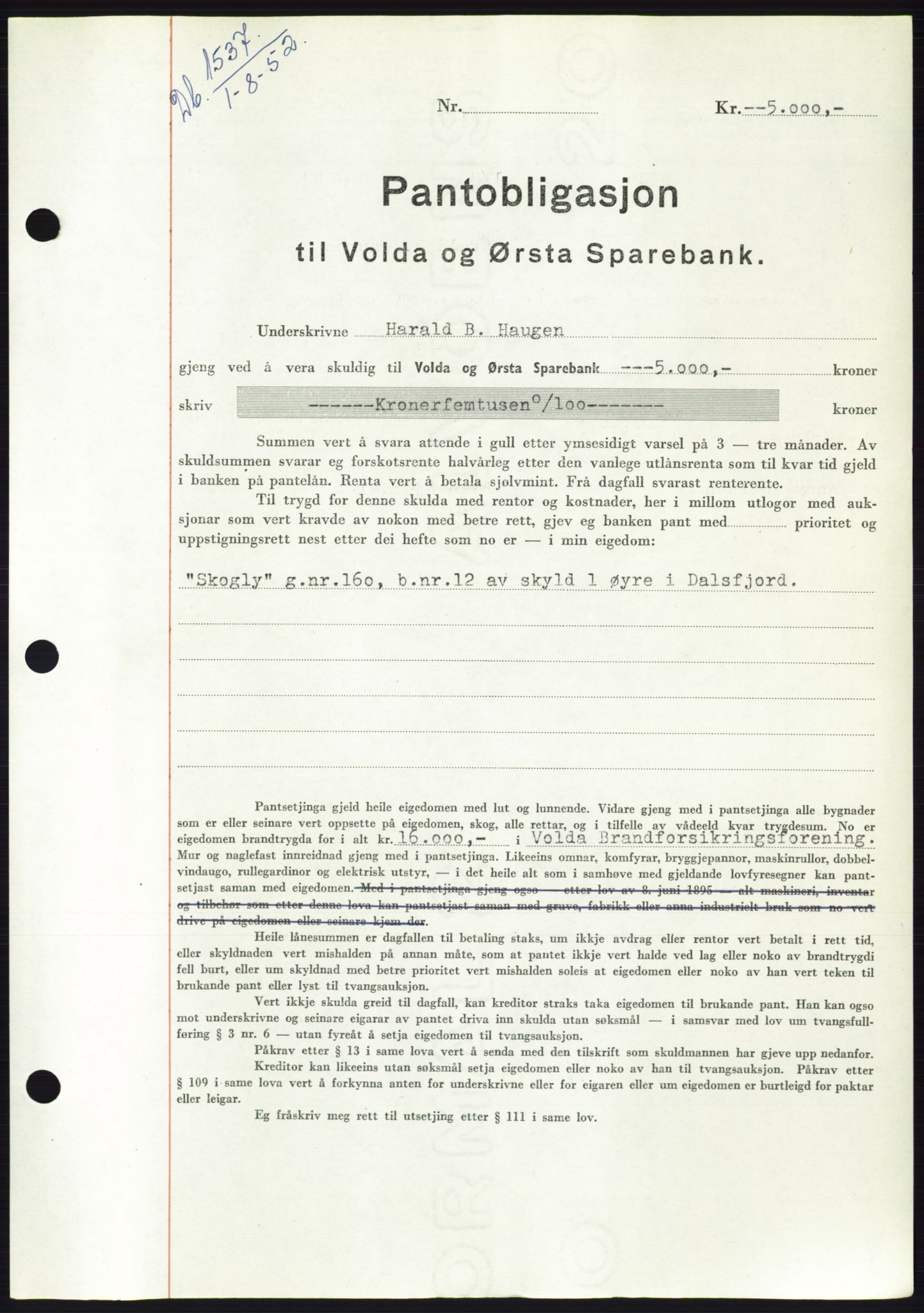 Søre Sunnmøre sorenskriveri, AV/SAT-A-4122/1/2/2C/L0121: Mortgage book no. 9B, 1951-1952, Diary no: : 1537/1952