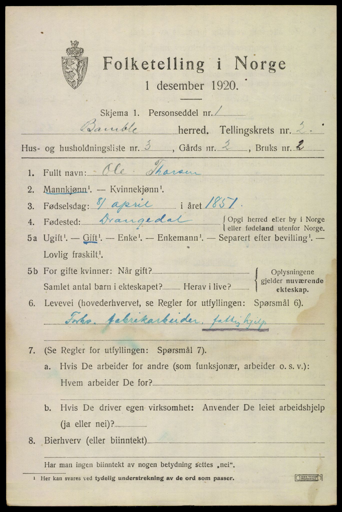 SAKO, 1920 census for Bamble, 1920, p. 2857