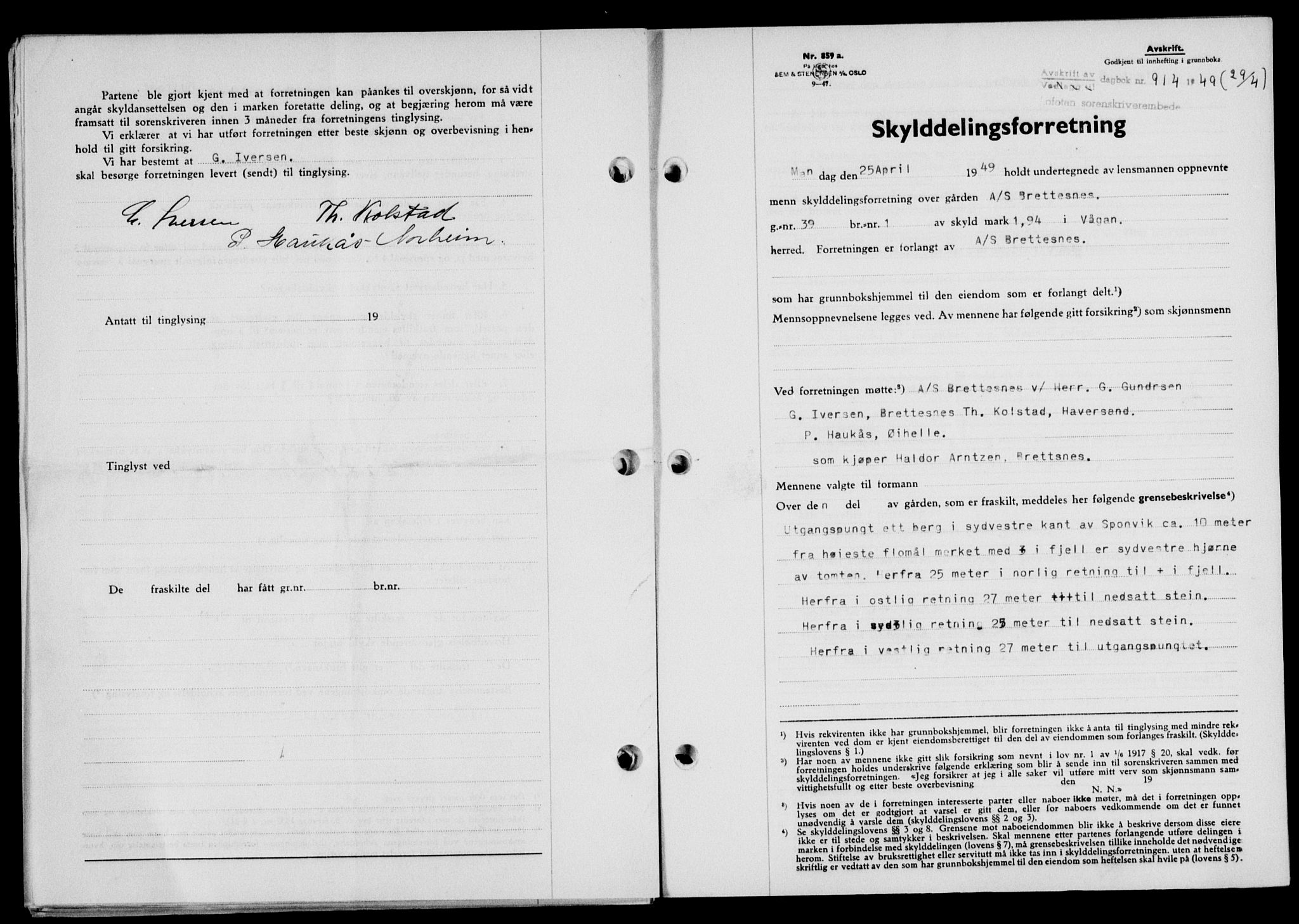 Lofoten sorenskriveri, SAT/A-0017/1/2/2C/L0020a: Mortgage book no. 20a, 1948-1949, Diary no: : 914/1949