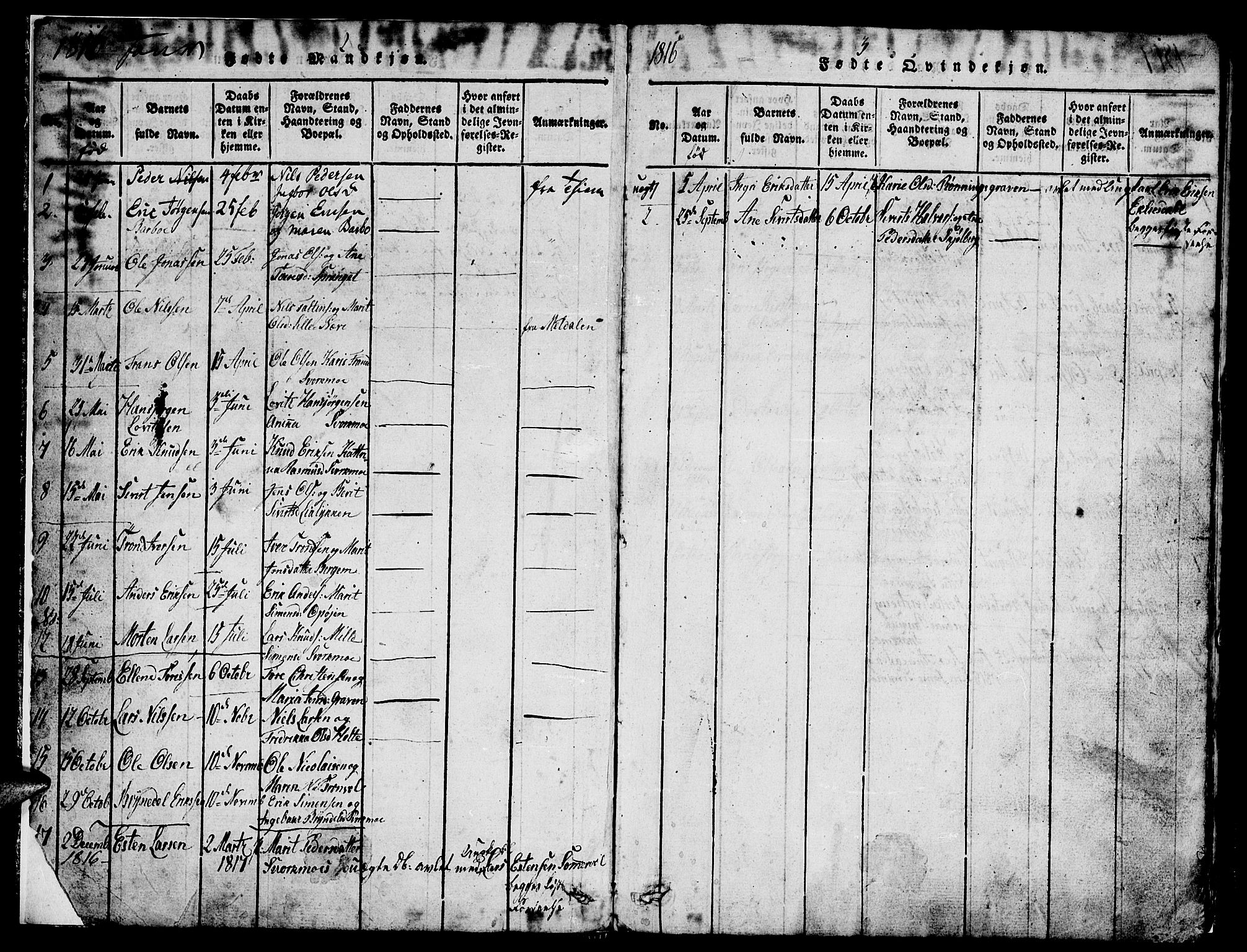 Ministerialprotokoller, klokkerbøker og fødselsregistre - Sør-Trøndelag, SAT/A-1456/671/L0842: Parish register (copy) no. 671C01, 1816-1867, p. 2-3