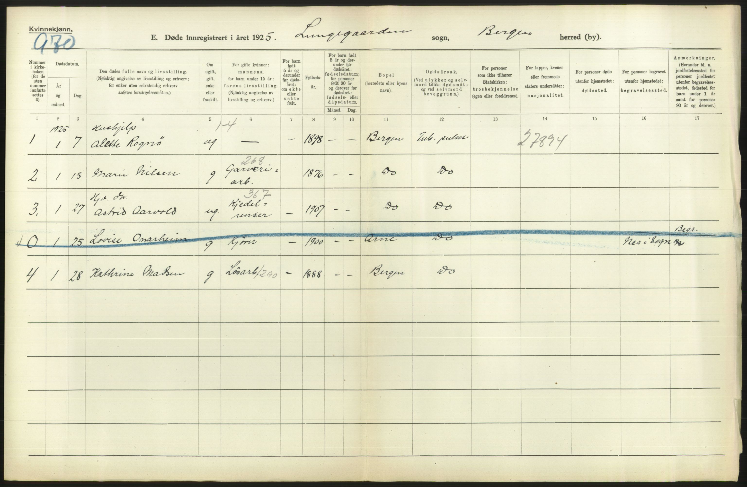 Statistisk sentralbyrå, Sosiodemografiske emner, Befolkning, RA/S-2228/D/Df/Dfc/Dfce/L0029: Bergen: Gifte, døde., 1925, p. 784