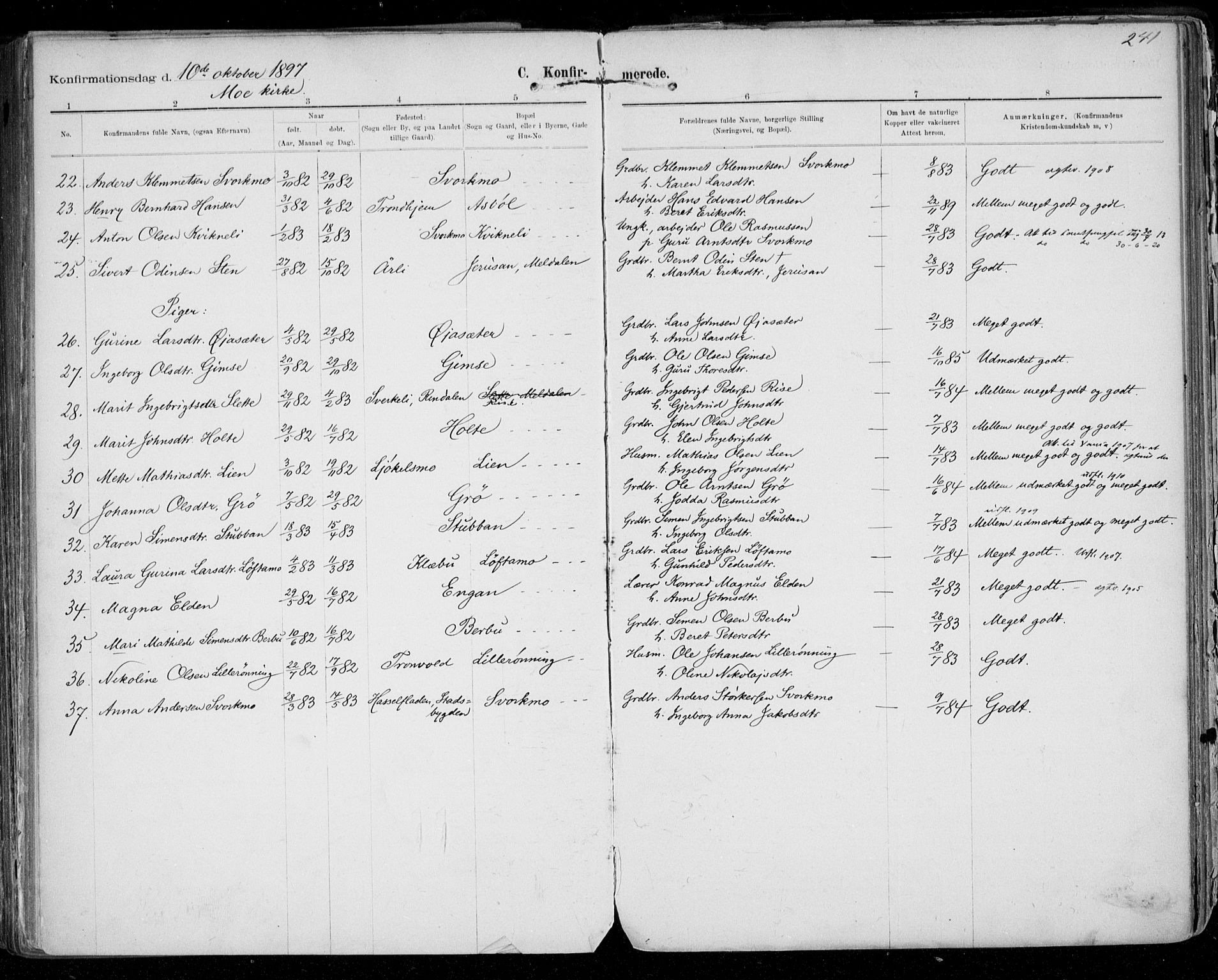 Ministerialprotokoller, klokkerbøker og fødselsregistre - Sør-Trøndelag, SAT/A-1456/668/L0811: Parish register (official) no. 668A11, 1894-1913, p. 241