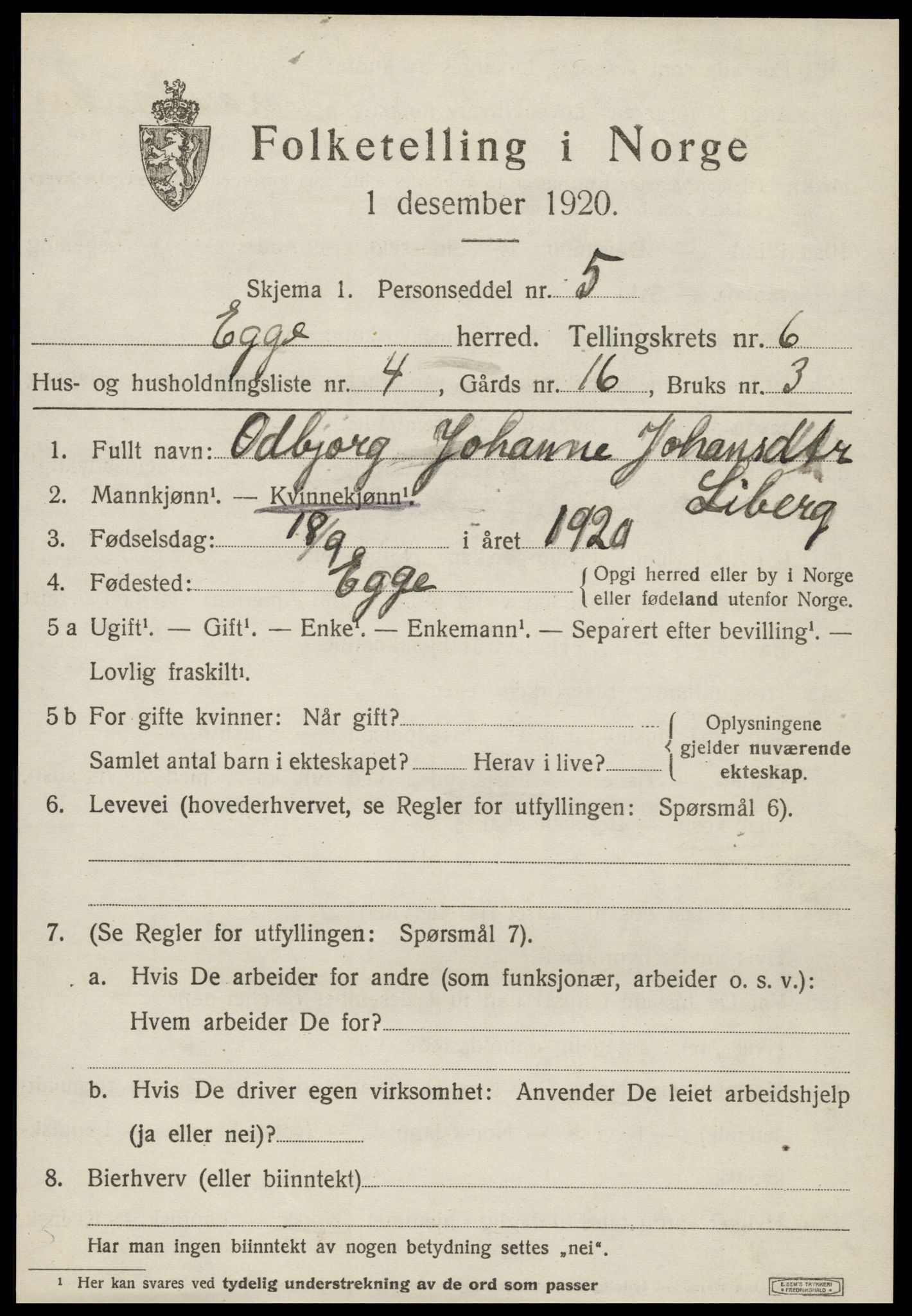 SAT, 1920 census for Egge, 1920, p. 3870