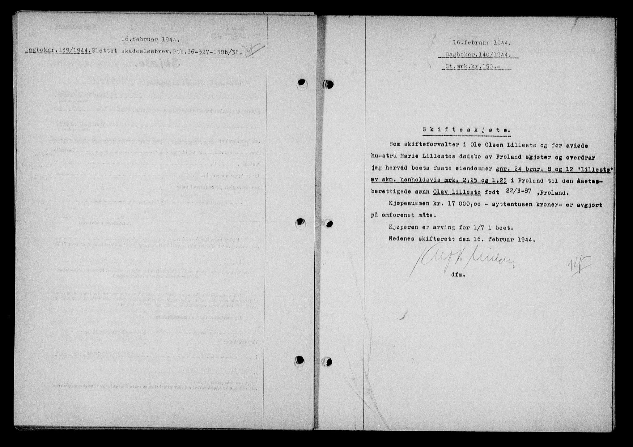 Nedenes sorenskriveri, SAK/1221-0006/G/Gb/Gba/L0051: Mortgage book no. A-V, 1943-1944, Diary no: : 140/1944