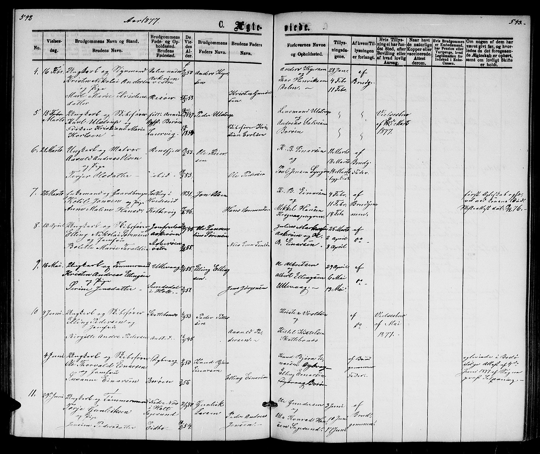 Dypvåg sokneprestkontor, AV/SAK-1111-0007/F/Fb/Fba/L0012: Parish register (copy) no. B 12, 1872-1886, p. 542-543