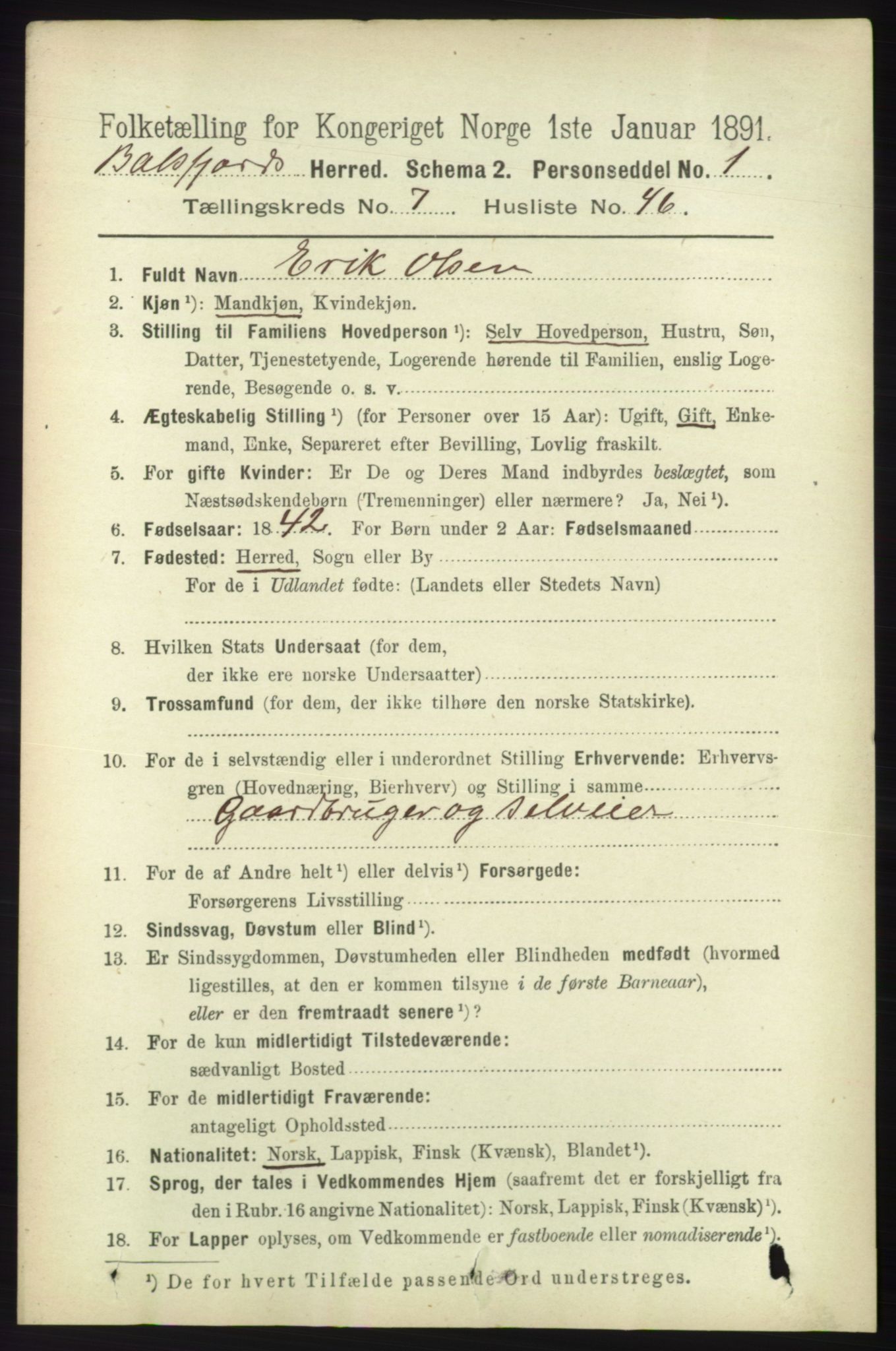 RA, 1891 census for 1933 Balsfjord, 1891, p. 2339