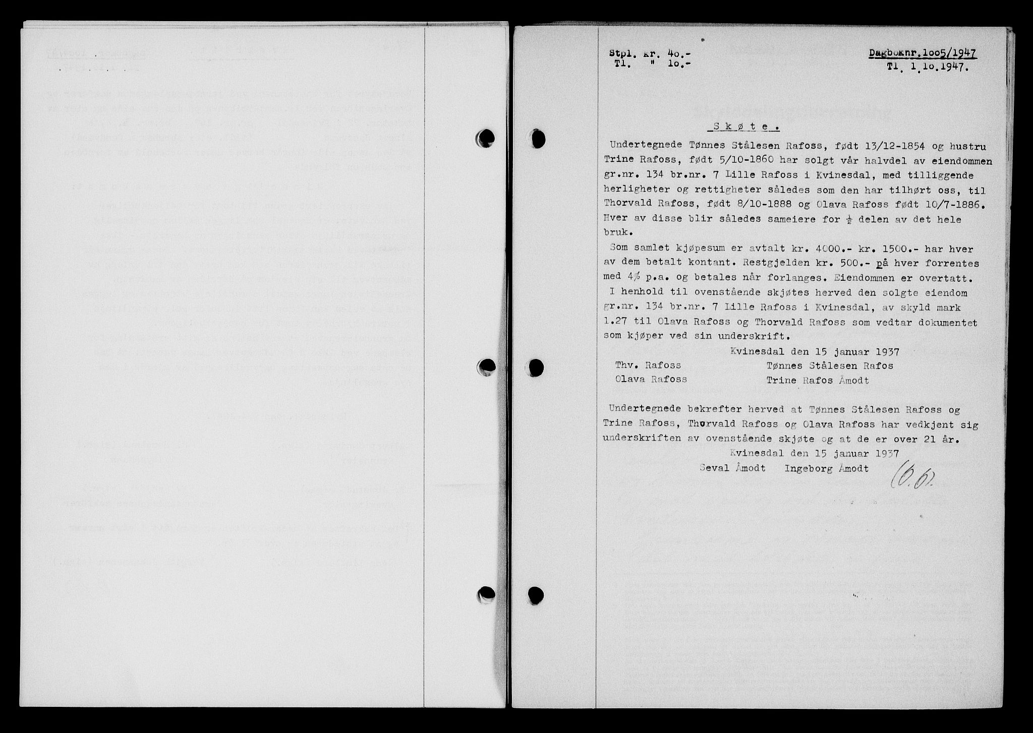 Flekkefjord sorenskriveri, SAK/1221-0001/G/Gb/Gba/L0062: Mortgage book no. A-10, 1947-1947, Diary no: : 1005/1947