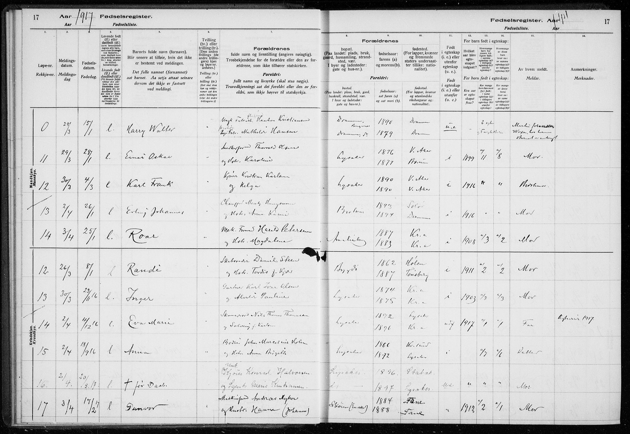 Ullern prestekontor Kirkebøker, SAO/A-10740/J/L0001: Birth register no. 1, 1916-1928, p. 17