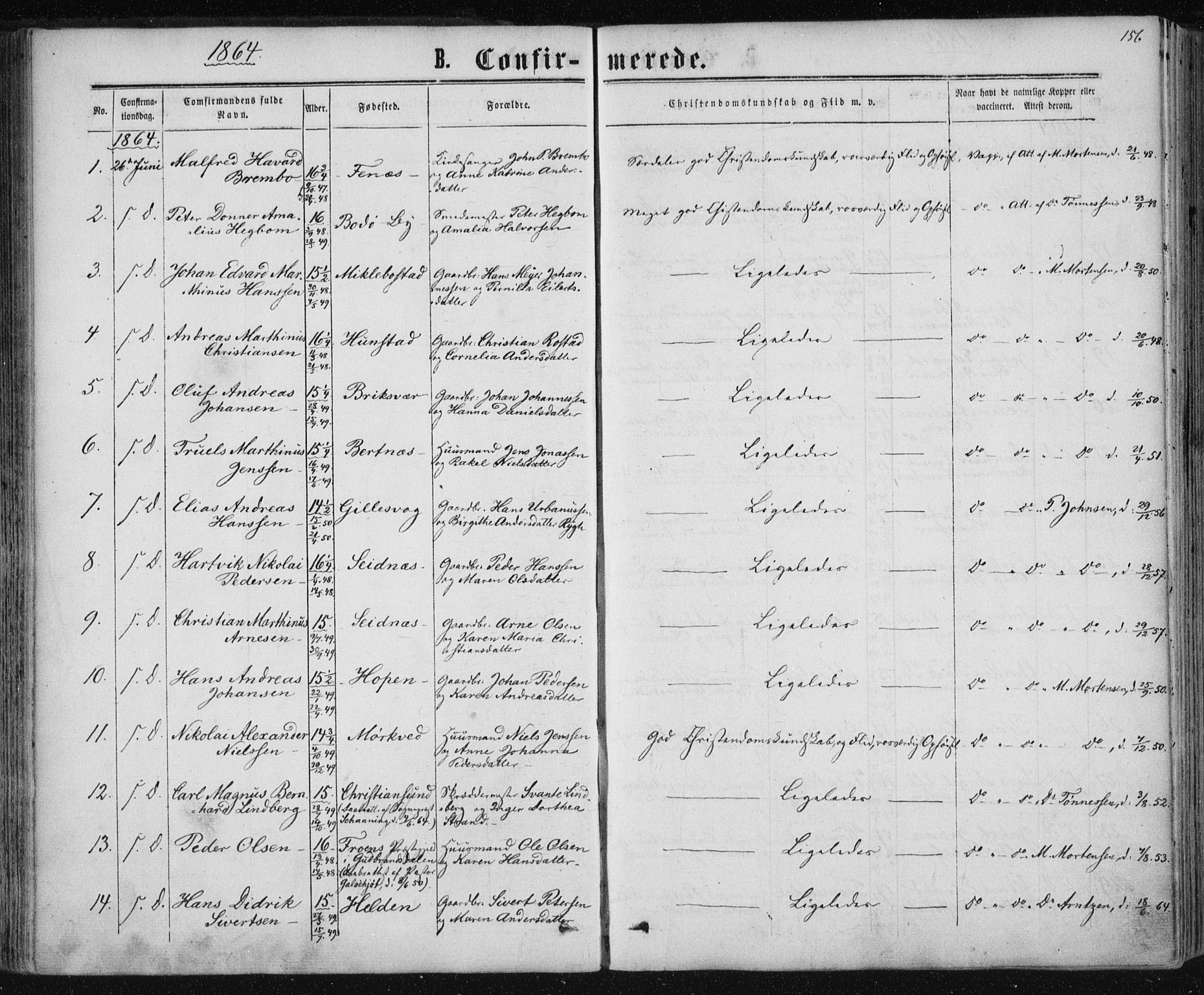 Ministerialprotokoller, klokkerbøker og fødselsregistre - Nordland, SAT/A-1459/801/L0008: Parish register (official) no. 801A08, 1864-1875, p. 156