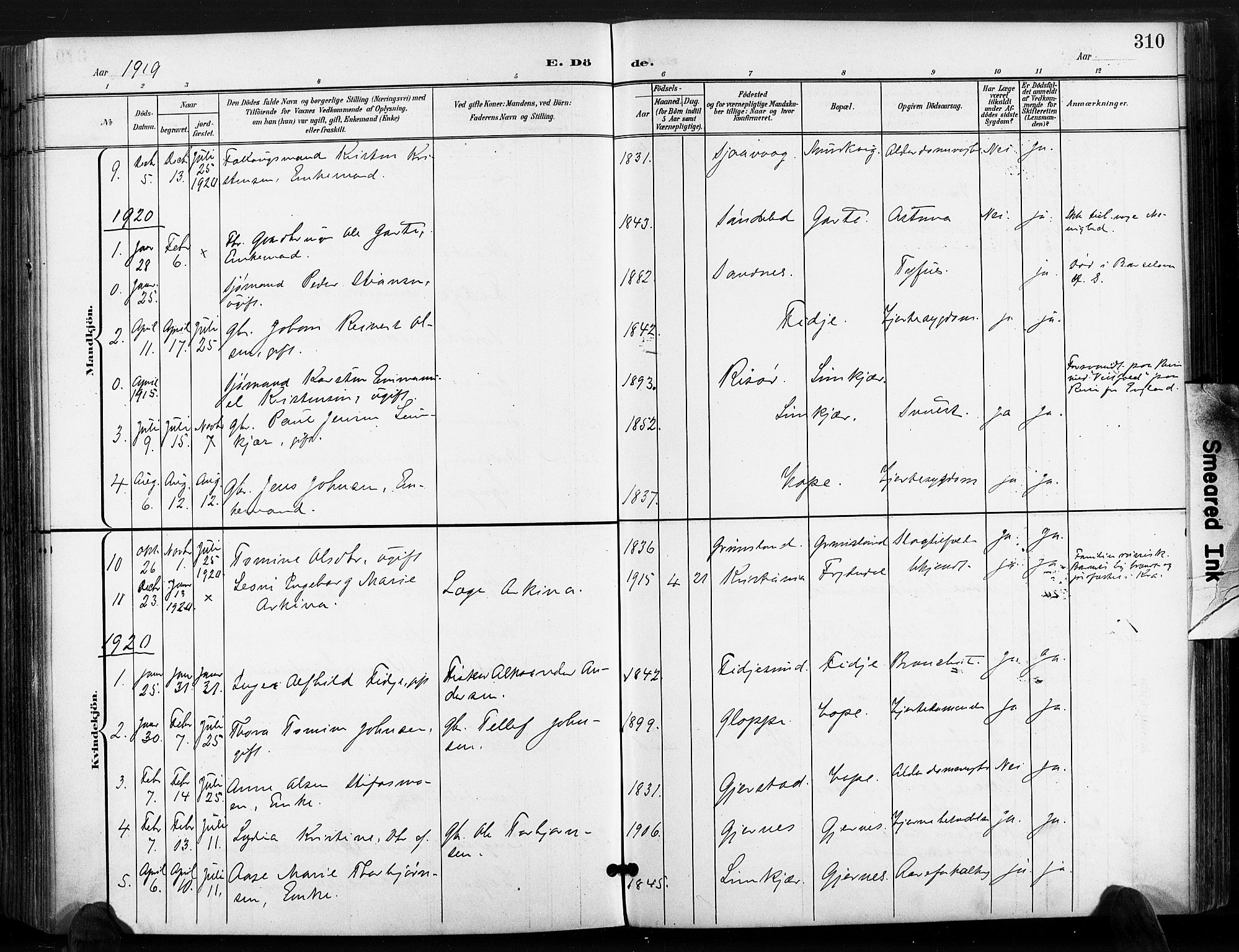 Søndeled sokneprestkontor, AV/SAK-1111-0038/F/Fa/L0006: Parish register (official) no. A 6, 1900-1922, p. 310