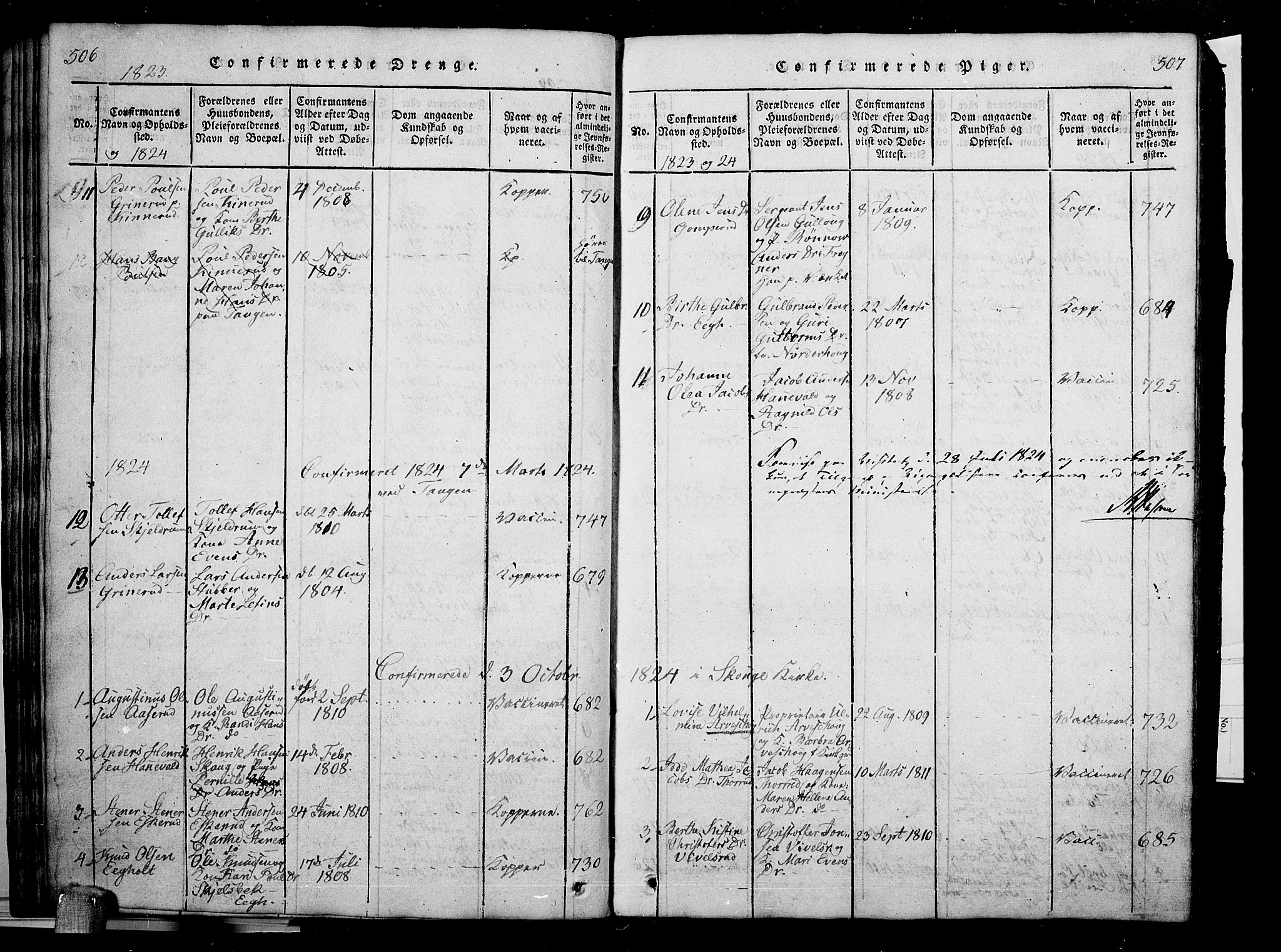 Skoger kirkebøker, AV/SAKO-A-59/G/Ga/L0001: Parish register (copy) no. I 1, 1814-1845, p. 506-507