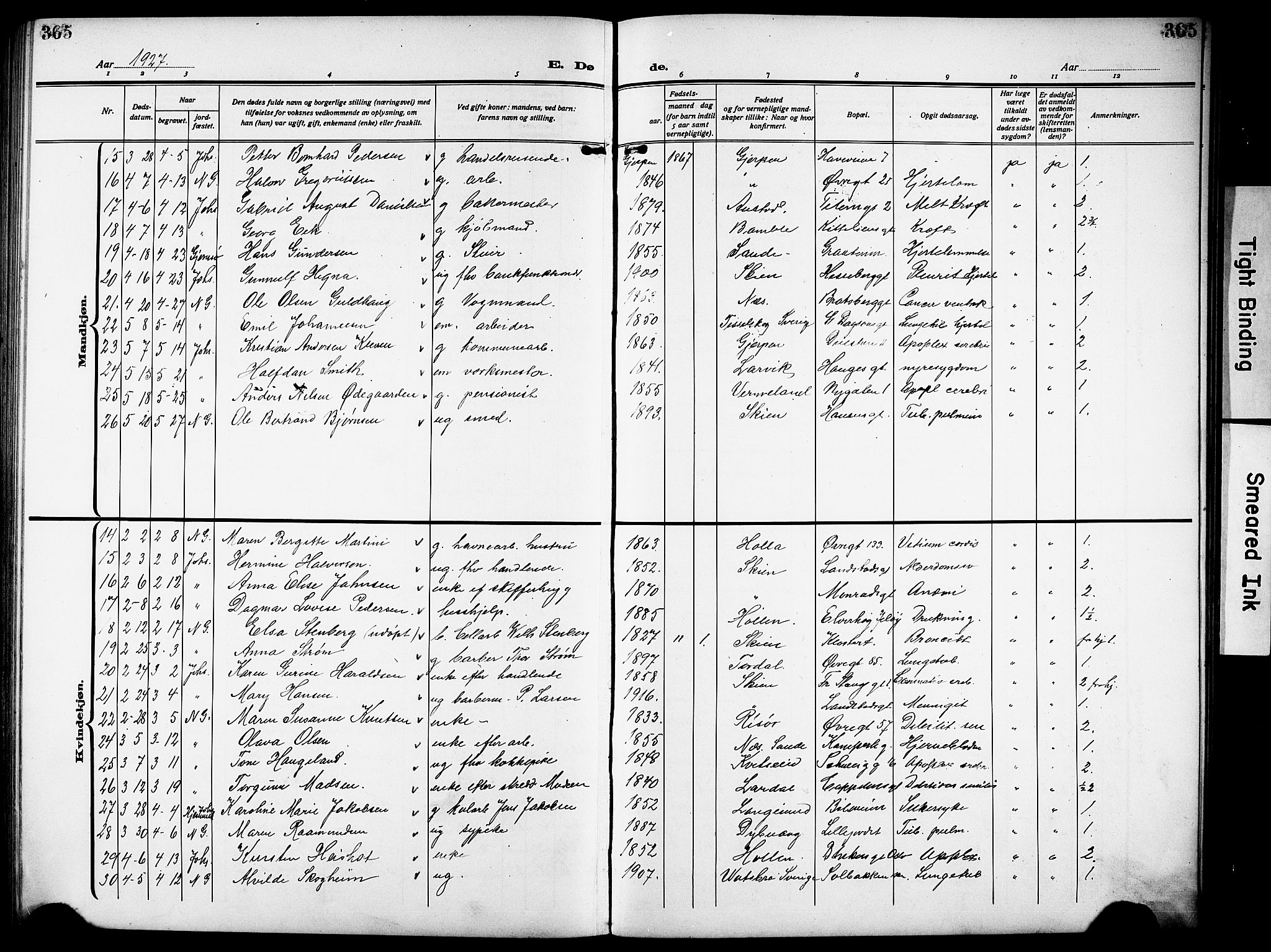 Skien kirkebøker, SAKO/A-302/G/Ga/L0010: Parish register (copy) no. 10, 1920-1931, p. 365