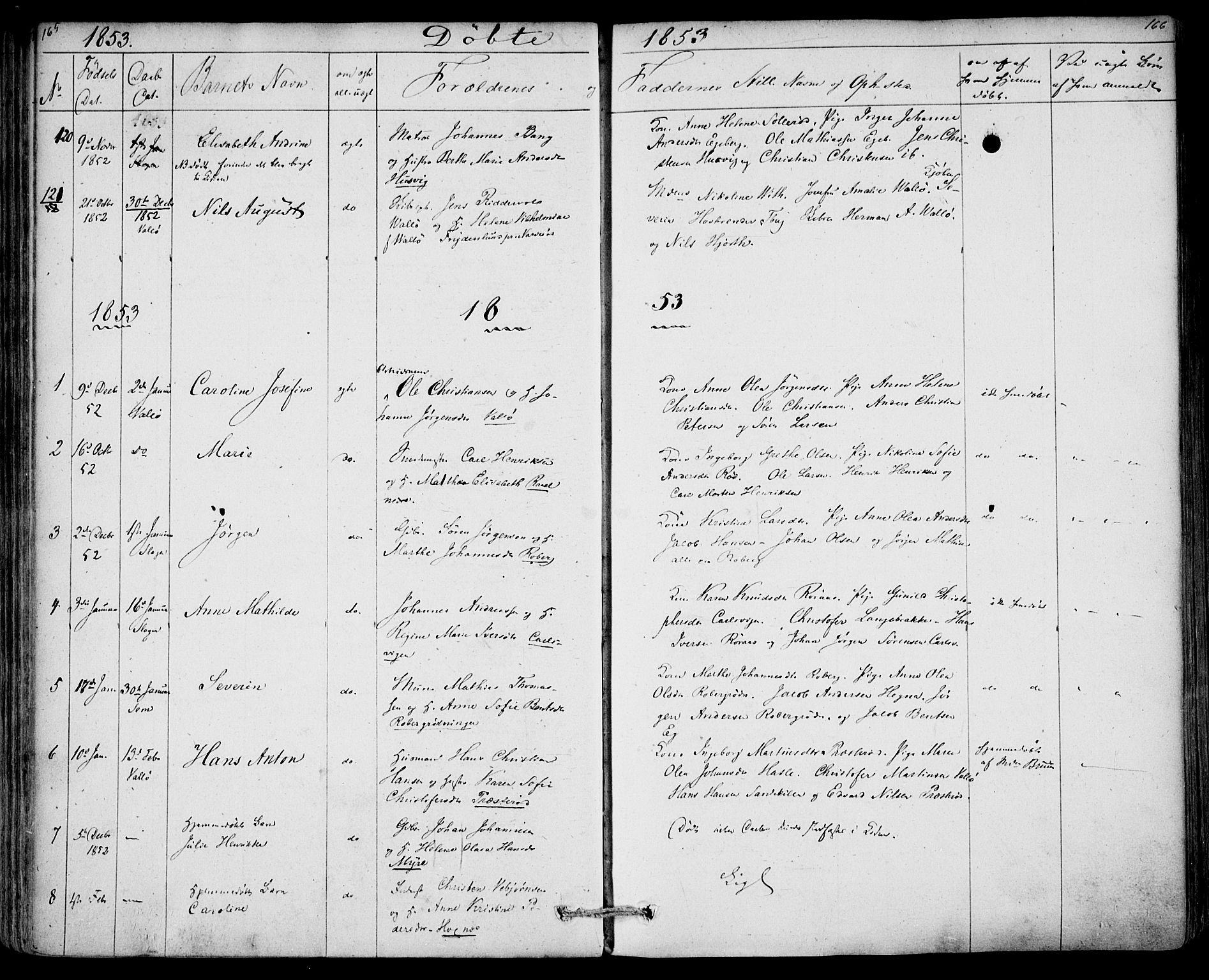 Sem kirkebøker, SAKO/A-5/F/Fa/L0006: Parish register (official) no. I 6, 1843-1855, p. 165-166