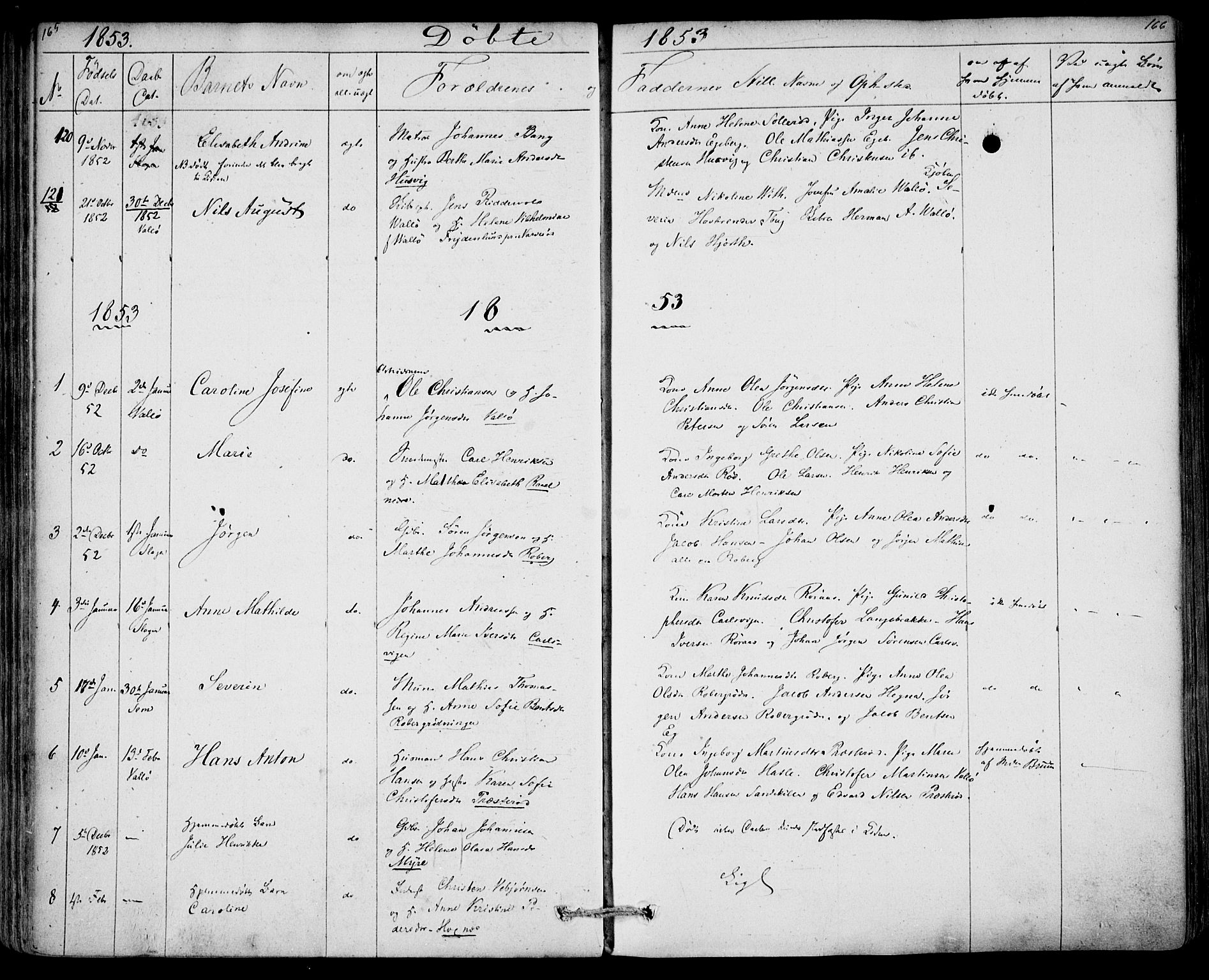 Sem kirkebøker, AV/SAKO-A-5/F/Fa/L0006: Parish register (official) no. I 6, 1843-1855, p. 165-166