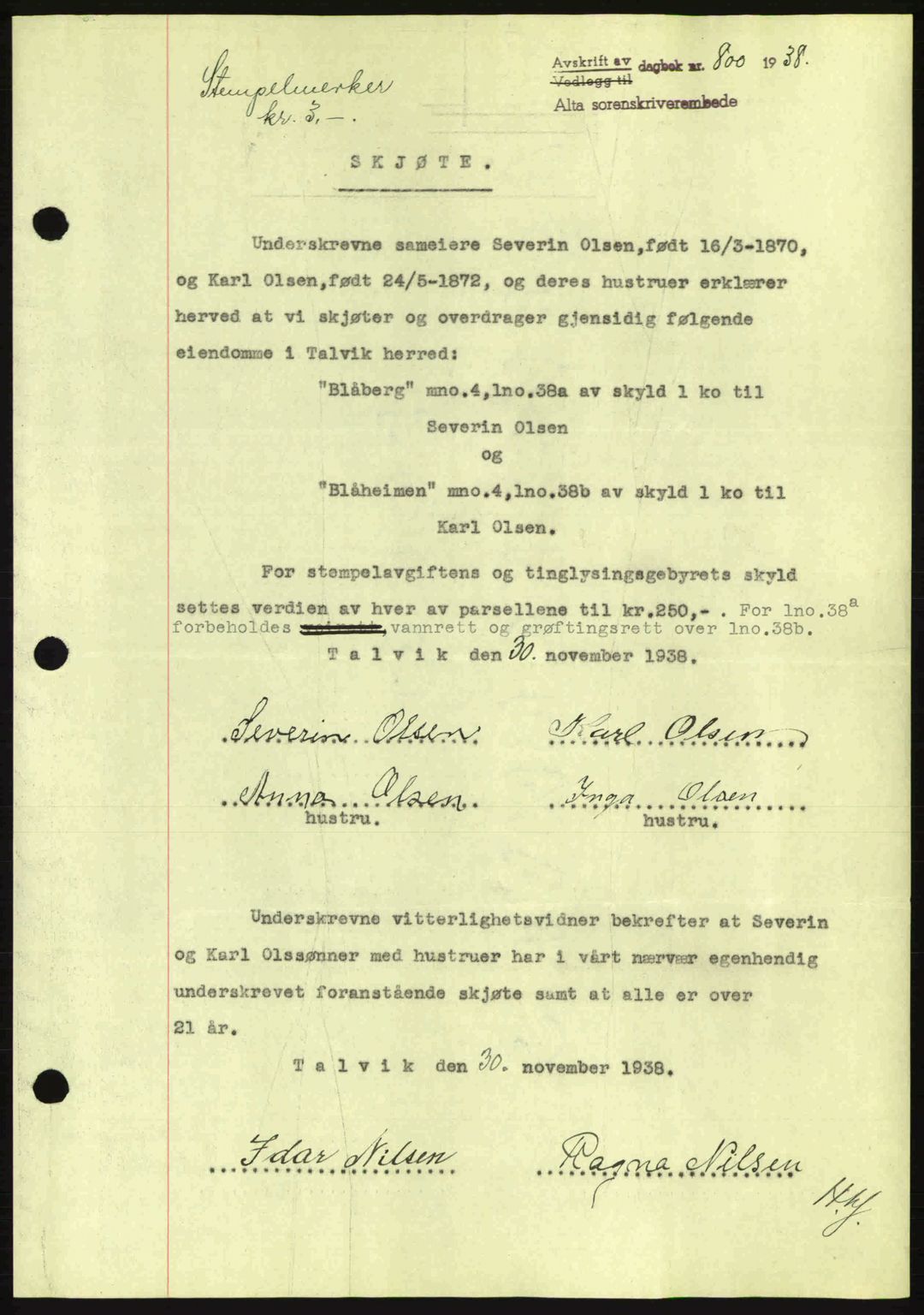 Alta fogderi/sorenskriveri, SATØ/SATØ-5/1/K/Kd/L0031pantebok: Mortgage book no. 31, 1938-1939, Diary no: : 800/1938