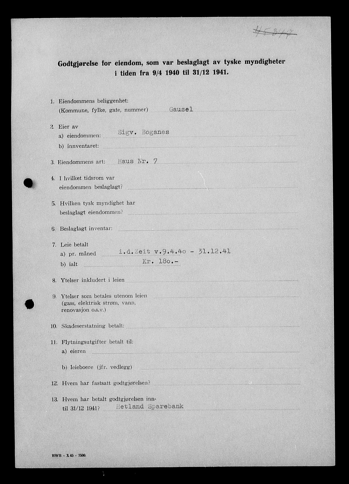 Justisdepartementet, Tilbakeføringskontoret for inndratte formuer, AV/RA-S-1564/I/L1015: Godtgjørelse for beslaglagt eiendom, 1940-1941, p. 437