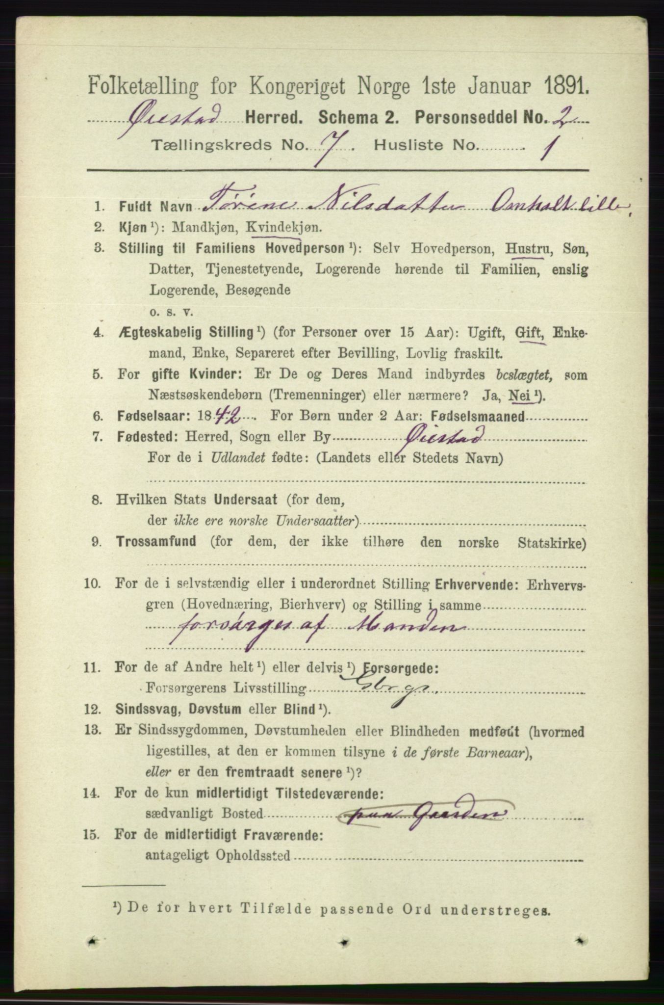 RA, 1891 census for 0920 Øyestad, 1891, p. 2656