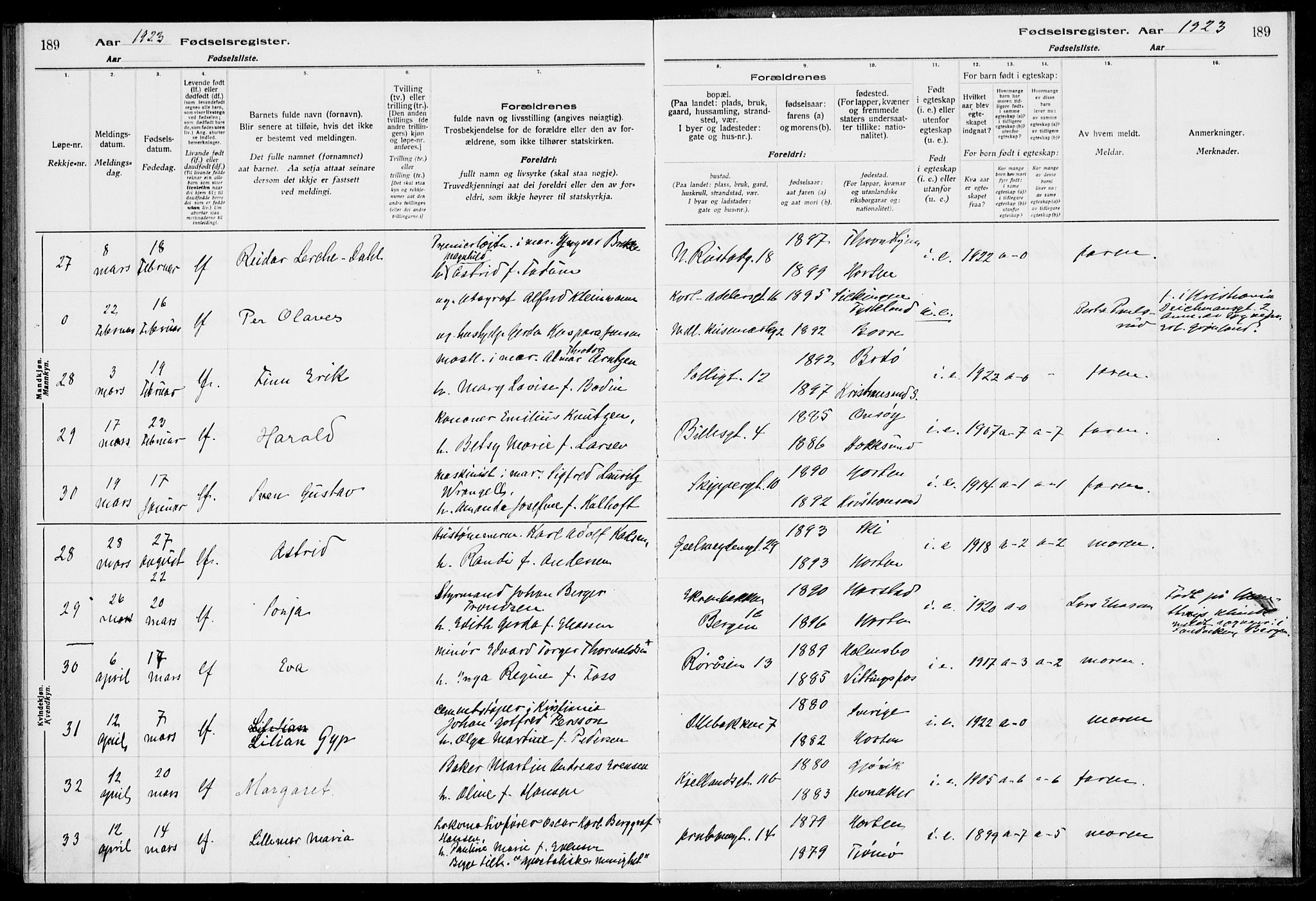 Horten kirkebøker, SAKO/A-348/J/Ja/L0001: Birth register no. 1, 1916-1923, p. 189