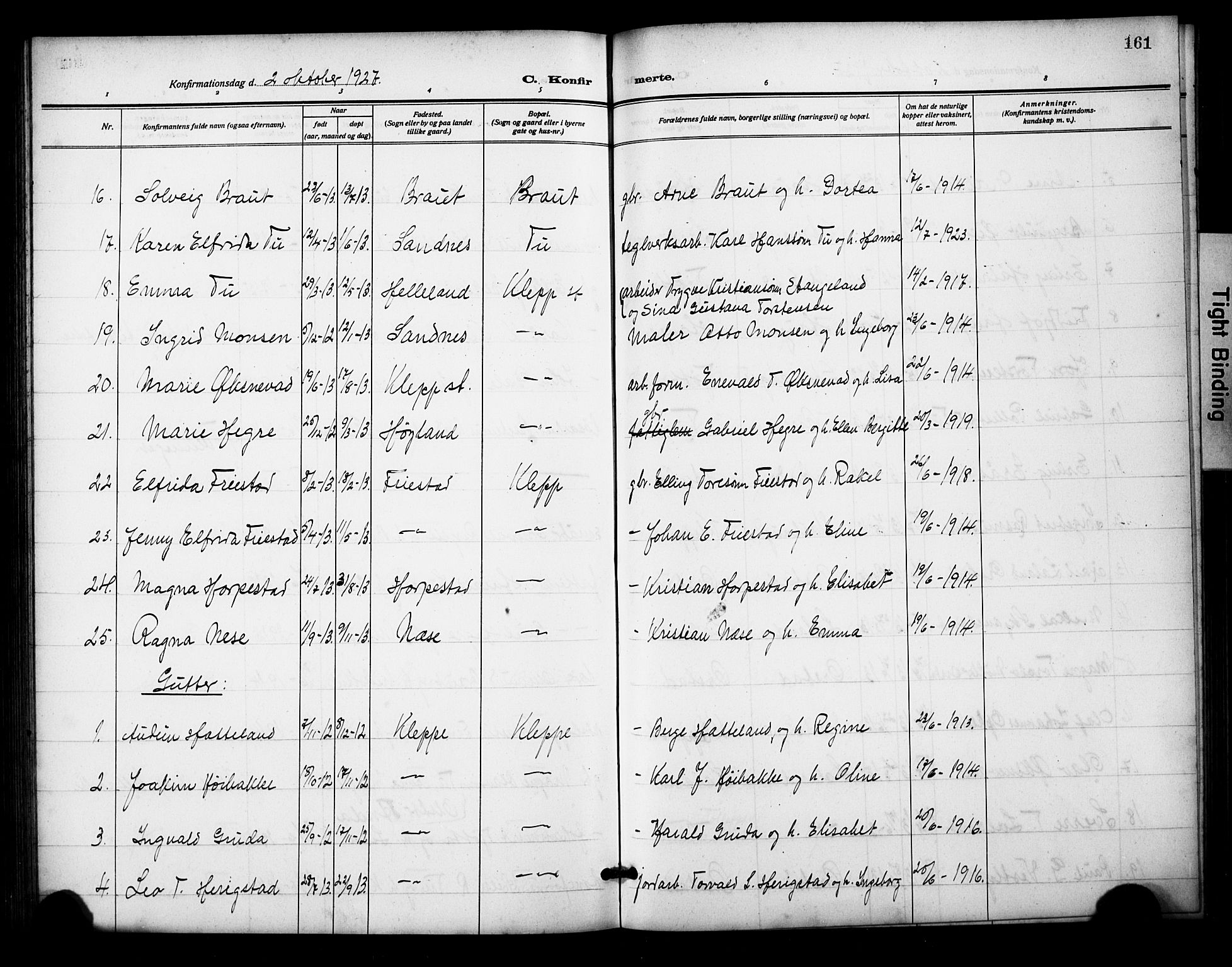 Klepp sokneprestkontor, AV/SAST-A-101803/001/3/30BB/L0007: Parish register (copy) no. B 7, 1908-1934, p. 161