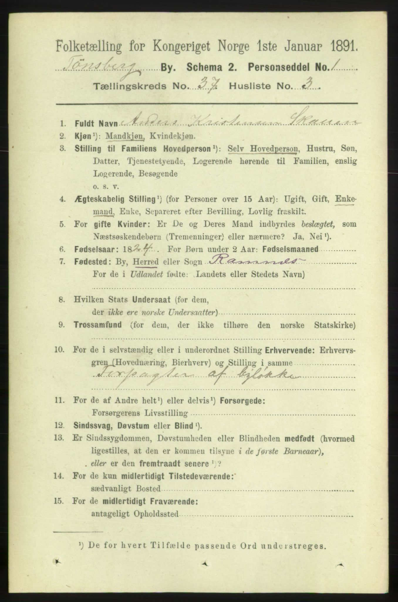 RA, 1891 census for 0705 Tønsberg, 1891, p. 7993