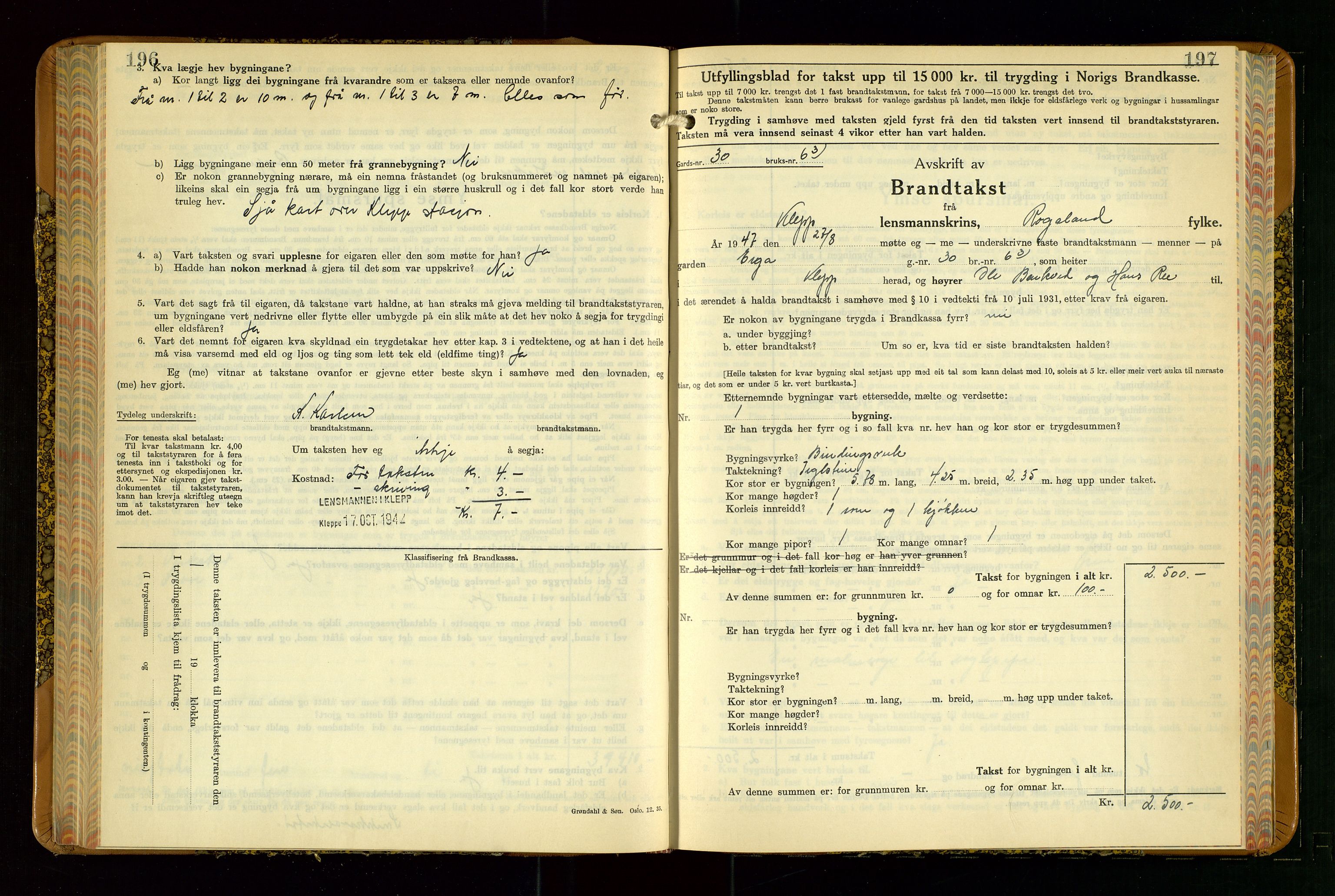 Klepp lensmannskontor, SAST/A-100163/Goc/L0015: "Branntakstbok" m/register, 1939-1947, p. 196-197