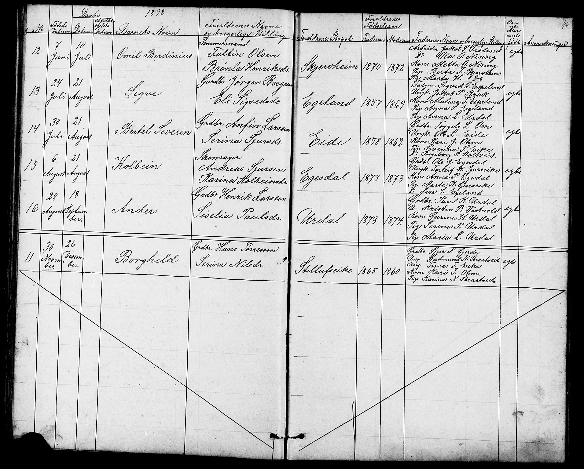 Skjold sokneprestkontor, SAST/A-101847/H/Ha/Hab/L0006: Parish register (copy) no. B 6, 1881-1913, p. 44