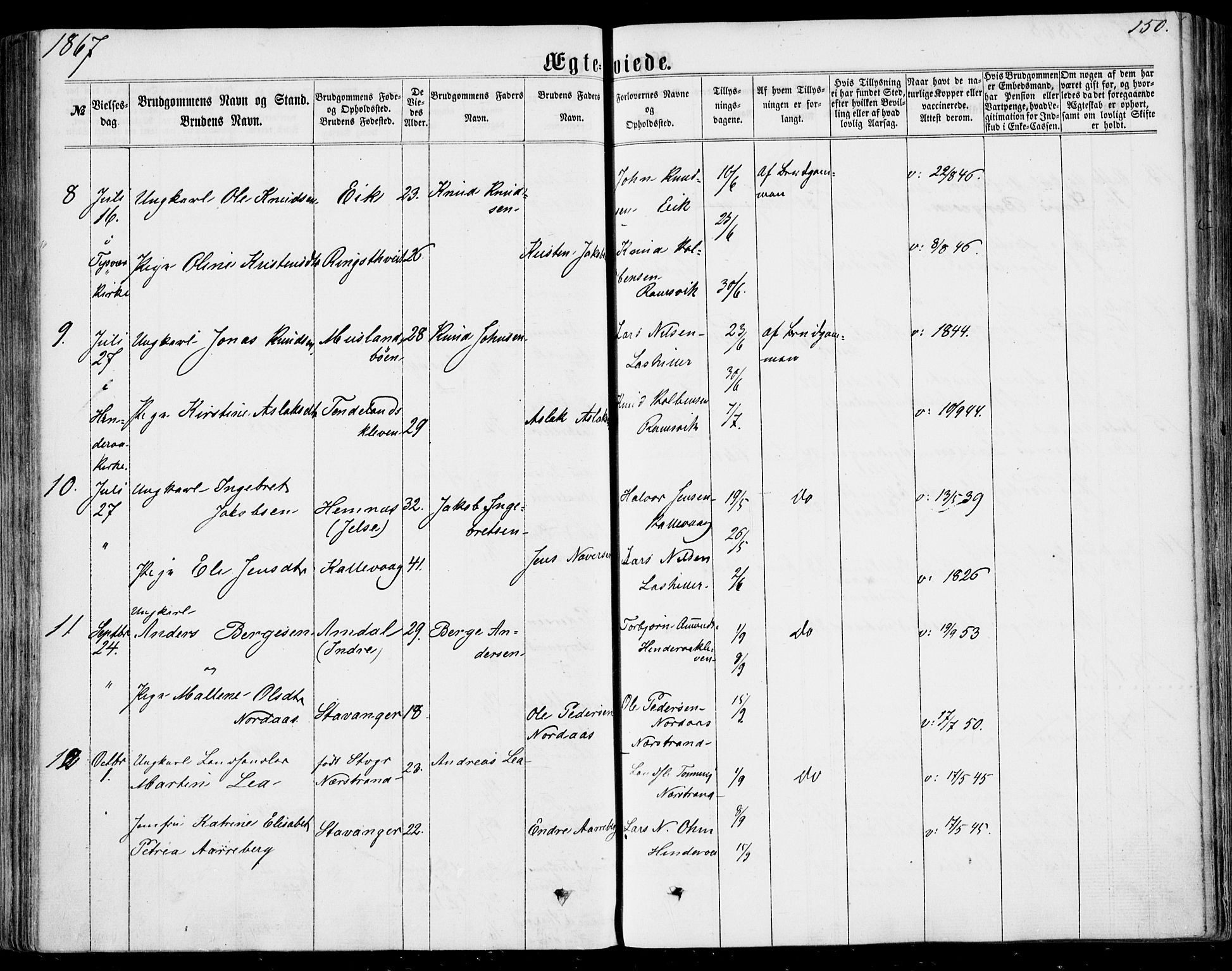 Nedstrand sokneprestkontor, AV/SAST-A-101841/01/IV: Parish register (official) no. A 9, 1861-1876, p. 150