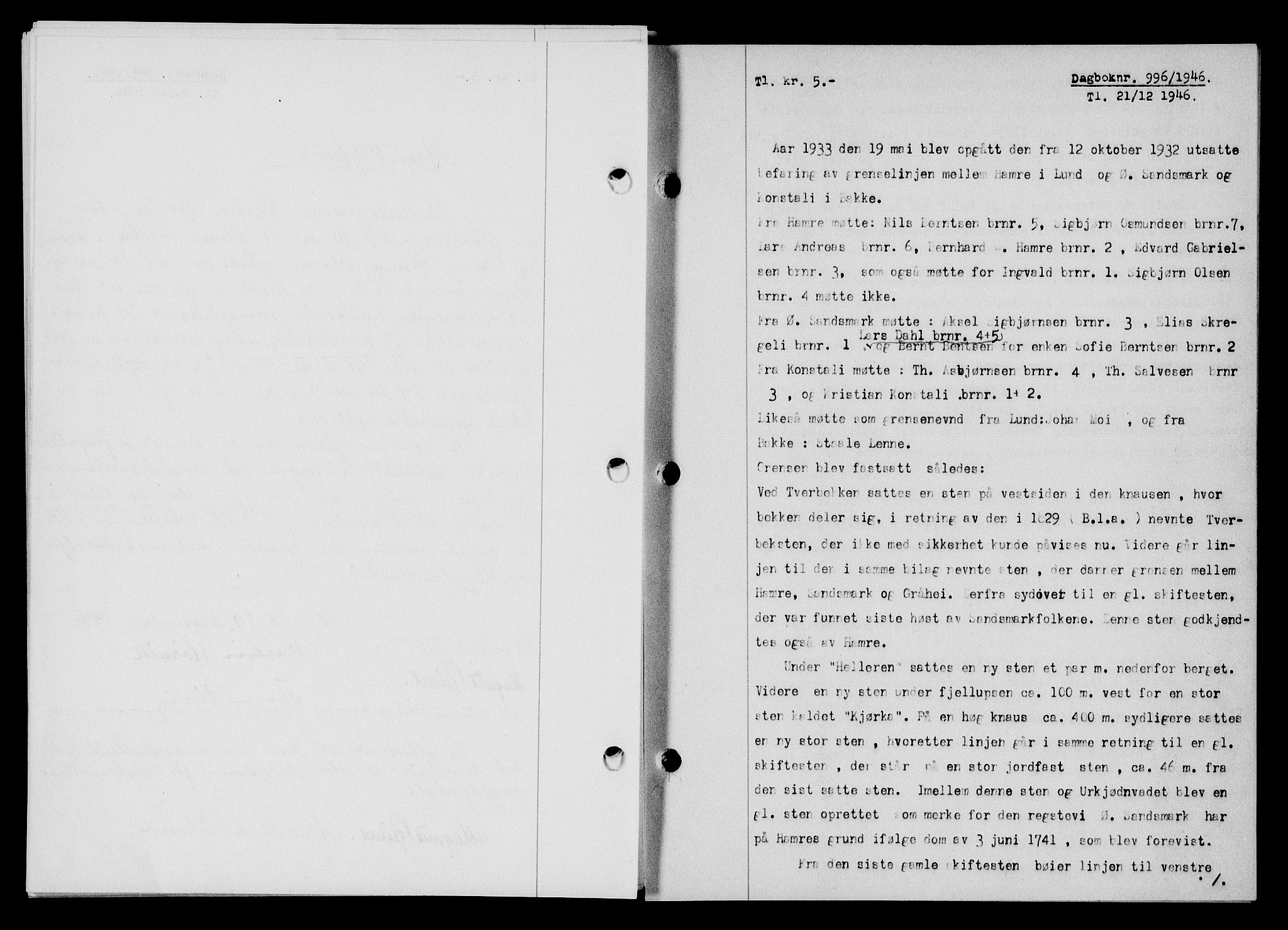 Flekkefjord sorenskriveri, SAK/1221-0001/G/Gb/Gba/L0061: Mortgage book no. A-9, 1946-1947, Diary no: : 996/1946