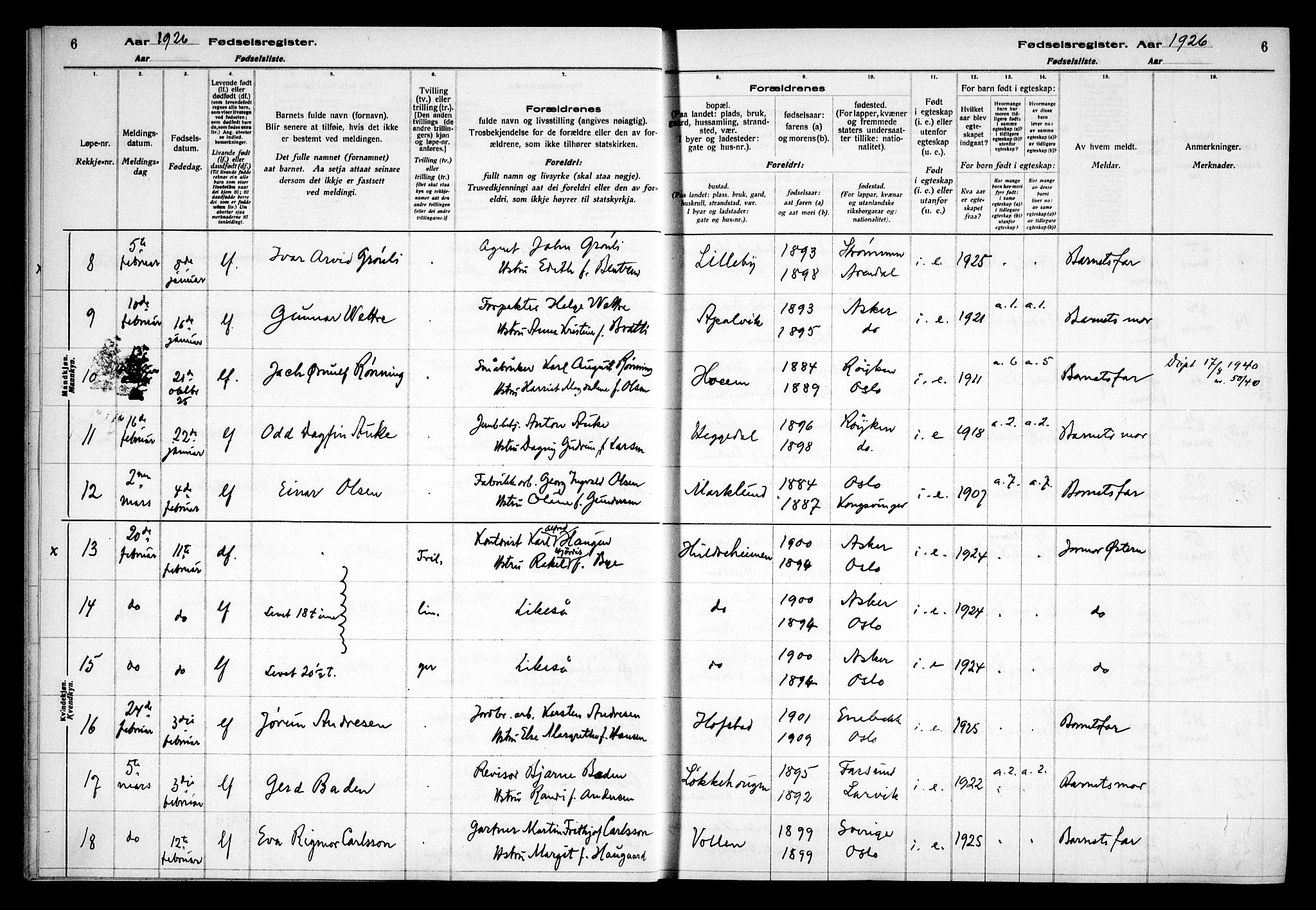 Asker prestekontor Kirkebøker, AV/SAO-A-10256a/J/L0002: Birth register no. 2, 1925-1938, p. 6