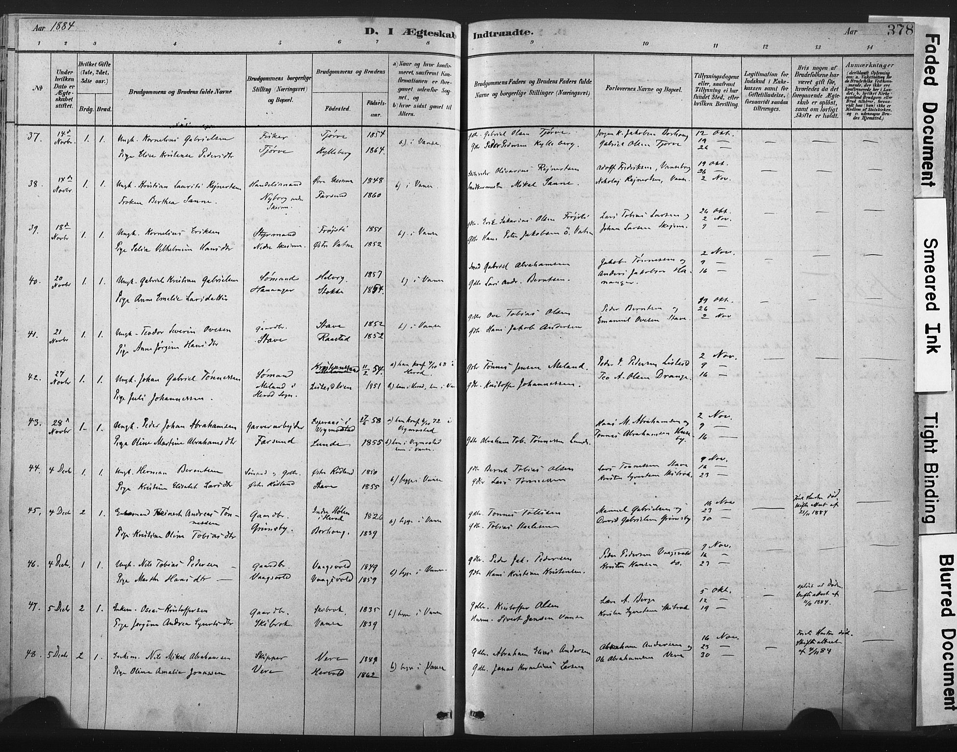 Lista sokneprestkontor, AV/SAK-1111-0027/F/Fa/L0012: Parish register (official) no. A 12, 1879-1903, p. 378