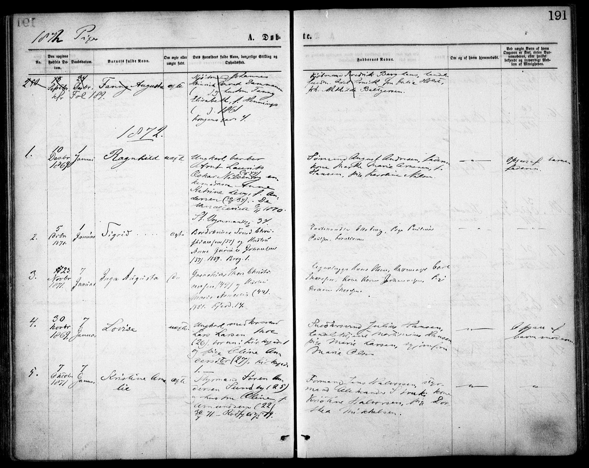 Oslo domkirke Kirkebøker, AV/SAO-A-10752/F/Fa/L0017: Parish register (official) no. 17, 1869-1878, p. 191