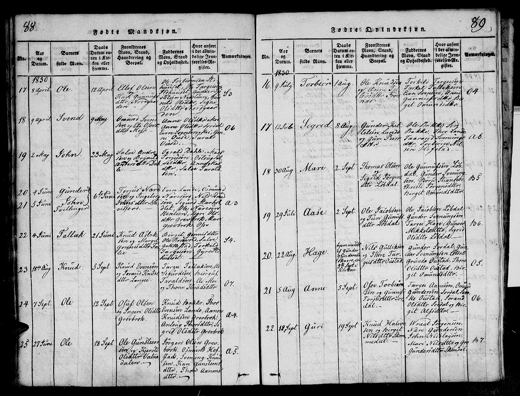 Bygland sokneprestkontor, SAK/1111-0006/F/Fa/Fab/L0003: Parish register (official) no. A 3, 1816-1841, p. 88-89