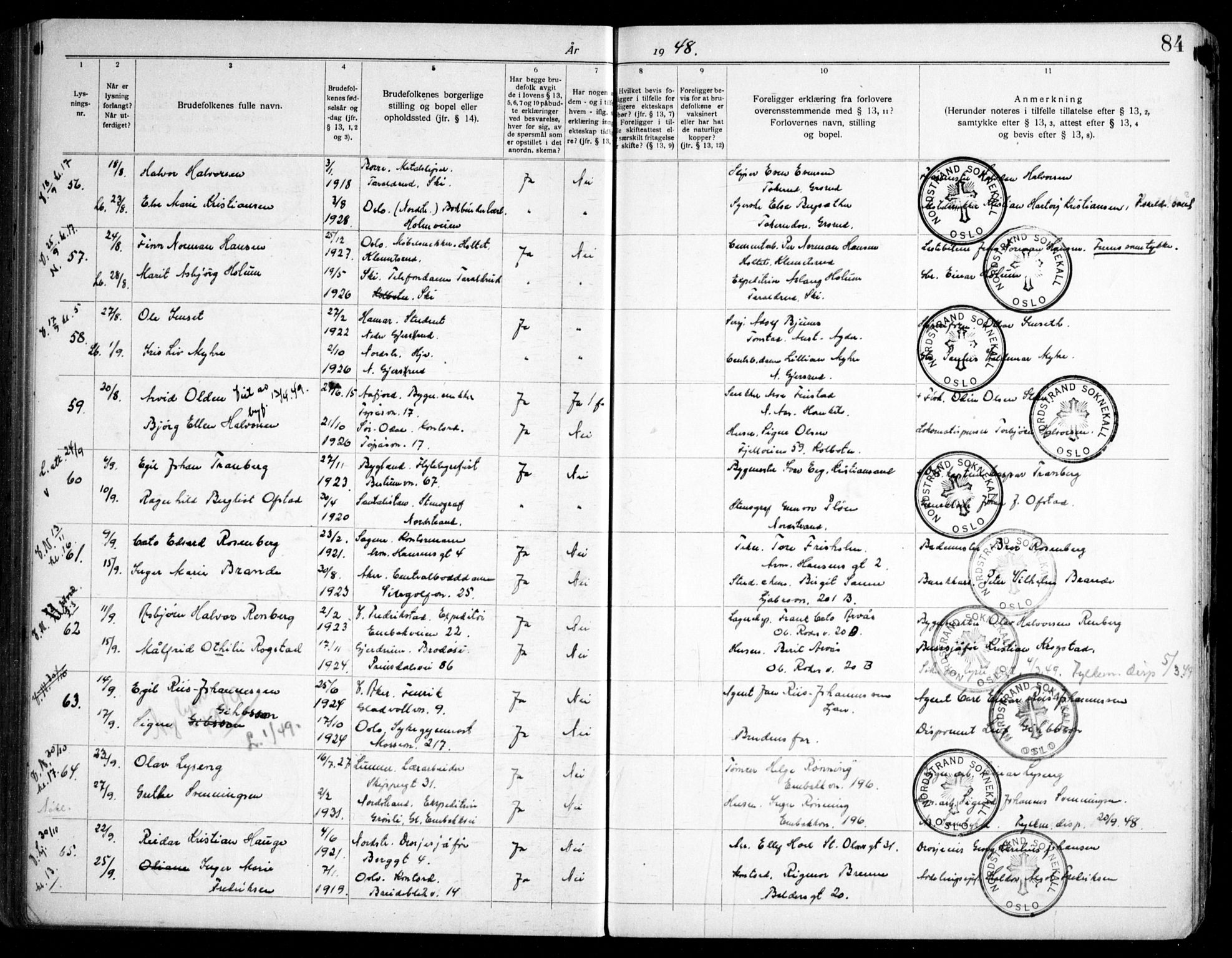 Nordstrand prestekontor Kirkebøker, AV/SAO-A-10362a/H/Ha/L0002: Banns register no. 2, 1935-1950, p. 84