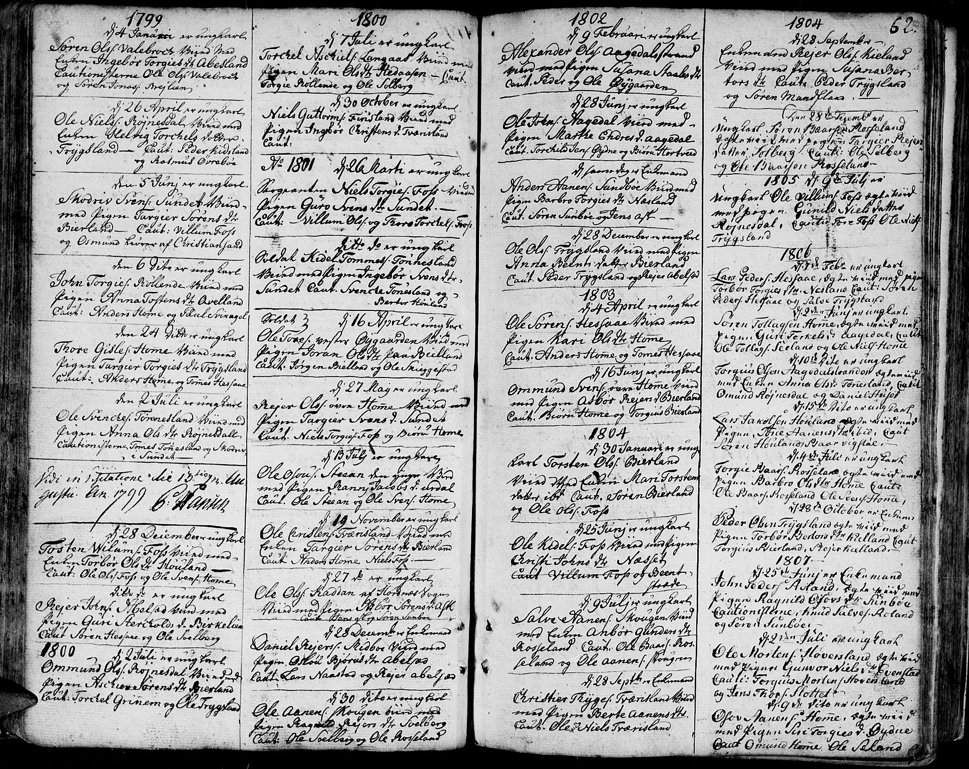 Bjelland sokneprestkontor, SAK/1111-0005/F/Fa/Faa/L0001: Parish register (official) no. A 1 /1, 1793-1815, p. 62