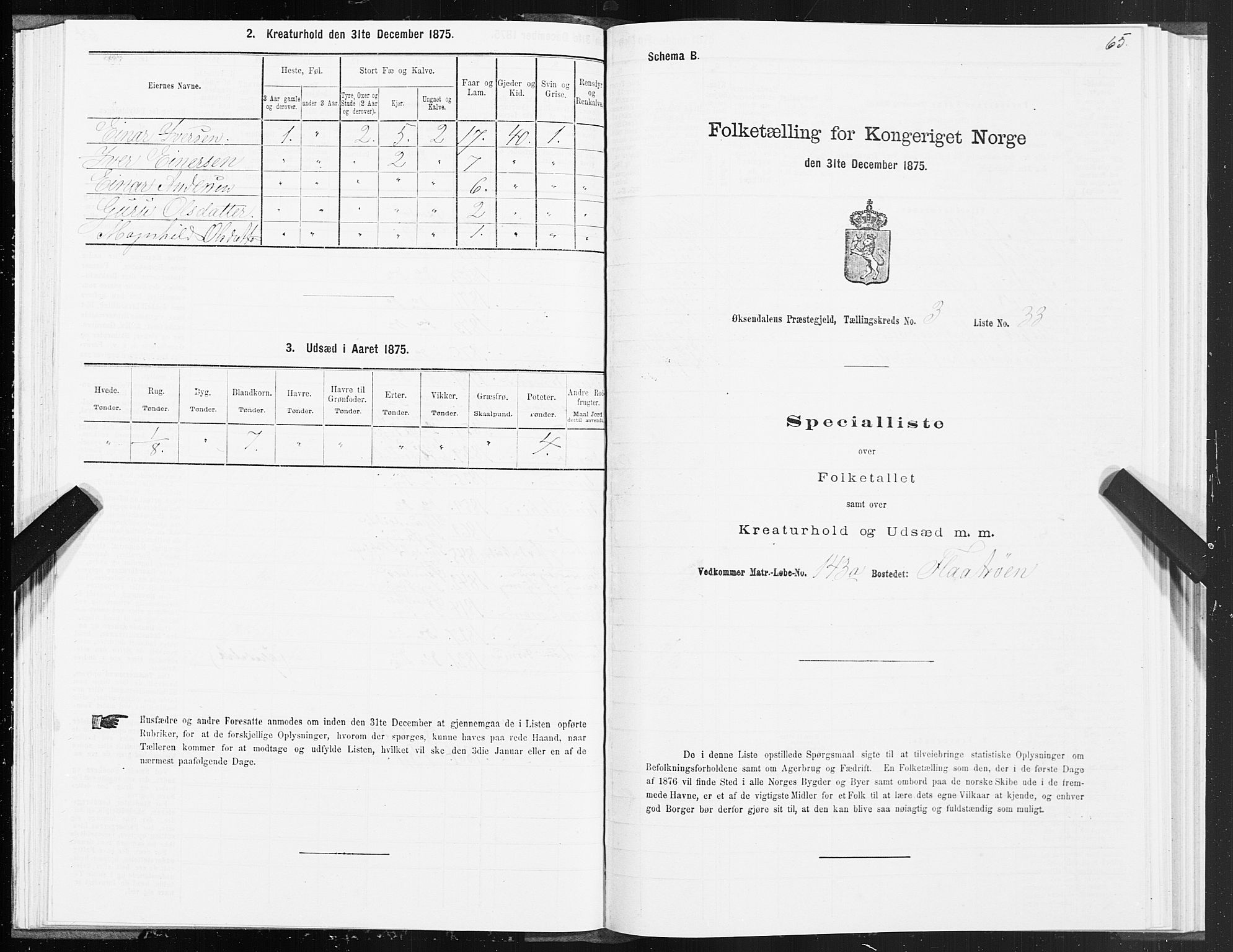 SAT, 1875 census for 1561P Øksendal, 1875, p. 2065