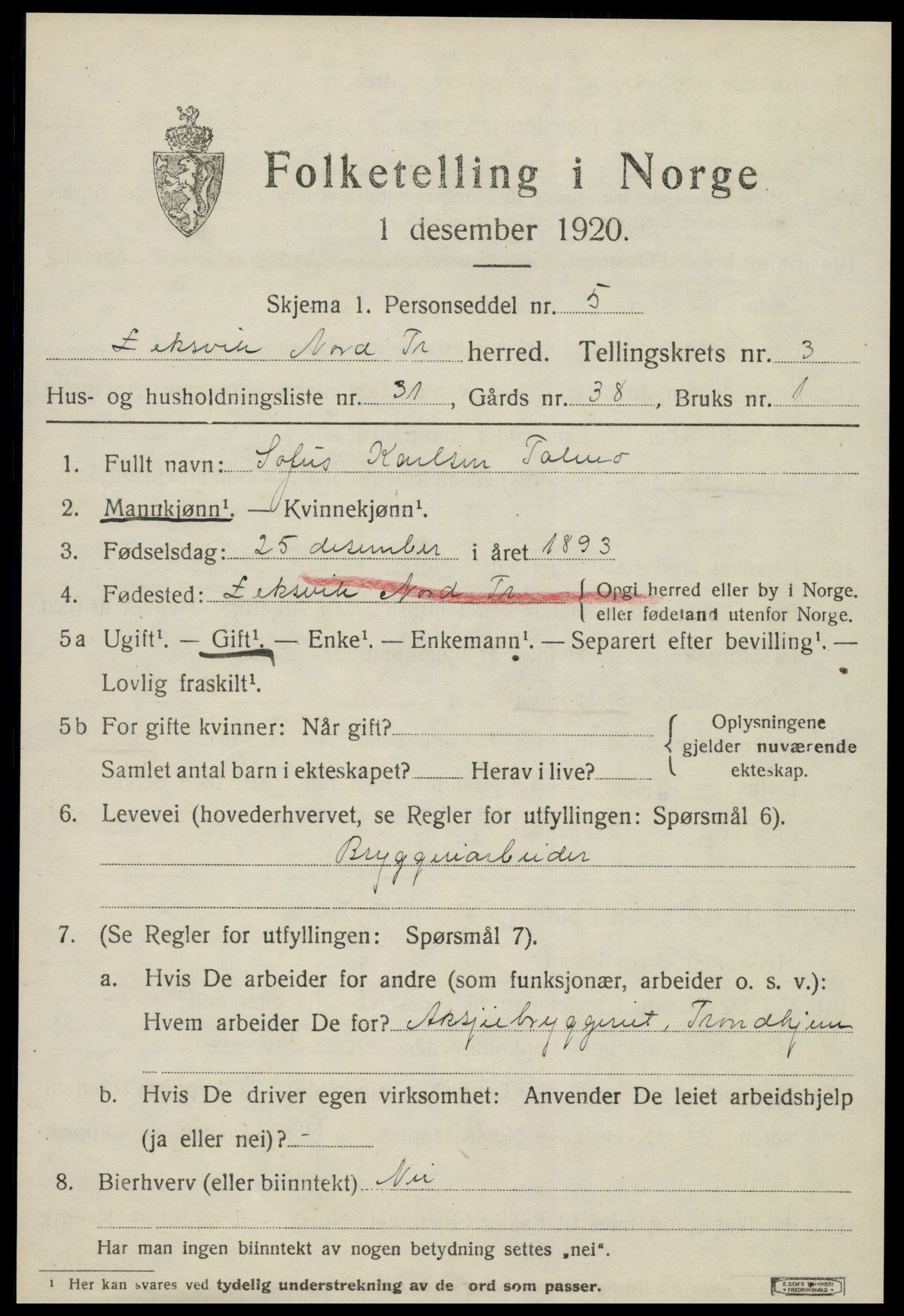 SAT, 1920 census for Leksvik, 1920, p. 3266
