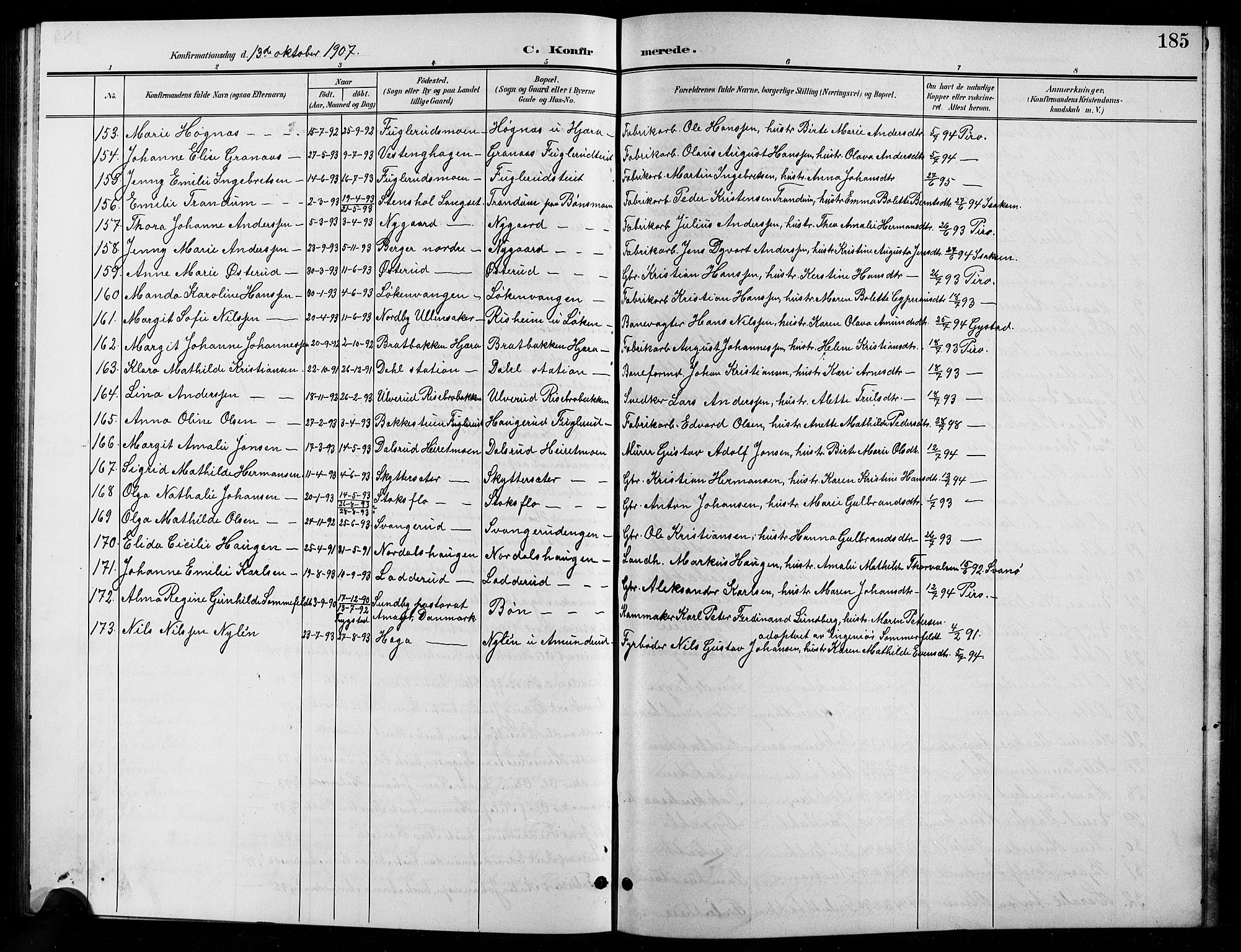 Eidsvoll prestekontor Kirkebøker, AV/SAO-A-10888/G/Ga/L0007: Parish register (copy) no. I 7, 1901-1909, p. 185