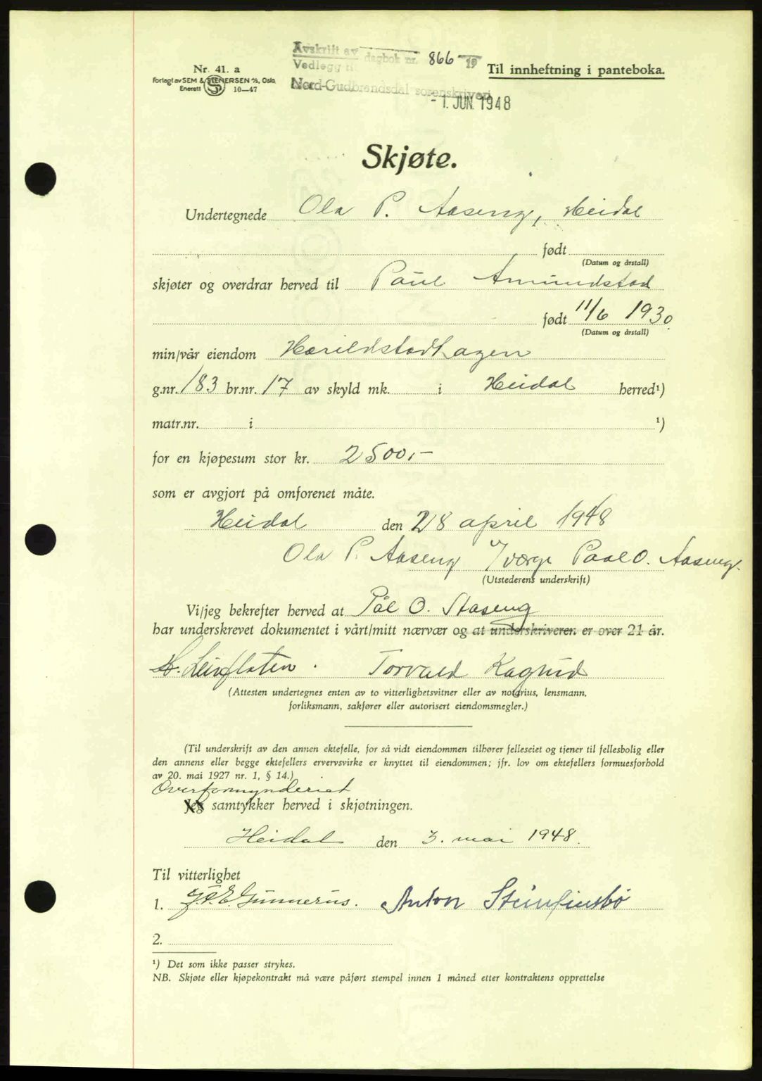 Nord-Gudbrandsdal tingrett, AV/SAH-TING-002/H/Hb/Hbb/L0019: Mortgage book no. FA19, 1948-1948, Diary no: : 866/1948