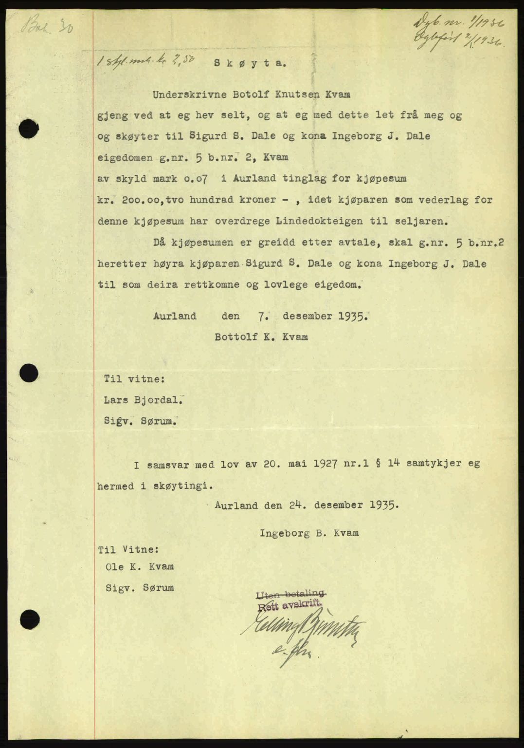 Indre Sogn tingrett, SAB/A-3301/1/G/Gb/Gba/L0030: Mortgage book no. 30, 1935-1937, Deed date: 02.01.1936