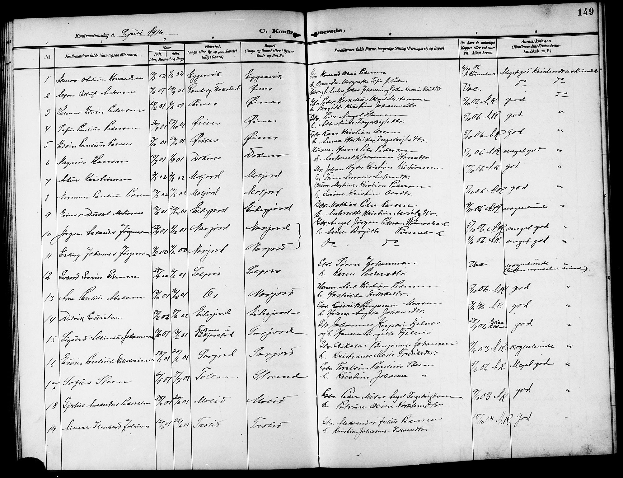 Ministerialprotokoller, klokkerbøker og fødselsregistre - Nordland, SAT/A-1459/846/L0655: Parish register (copy) no. 846C05, 1902-1916, p. 149