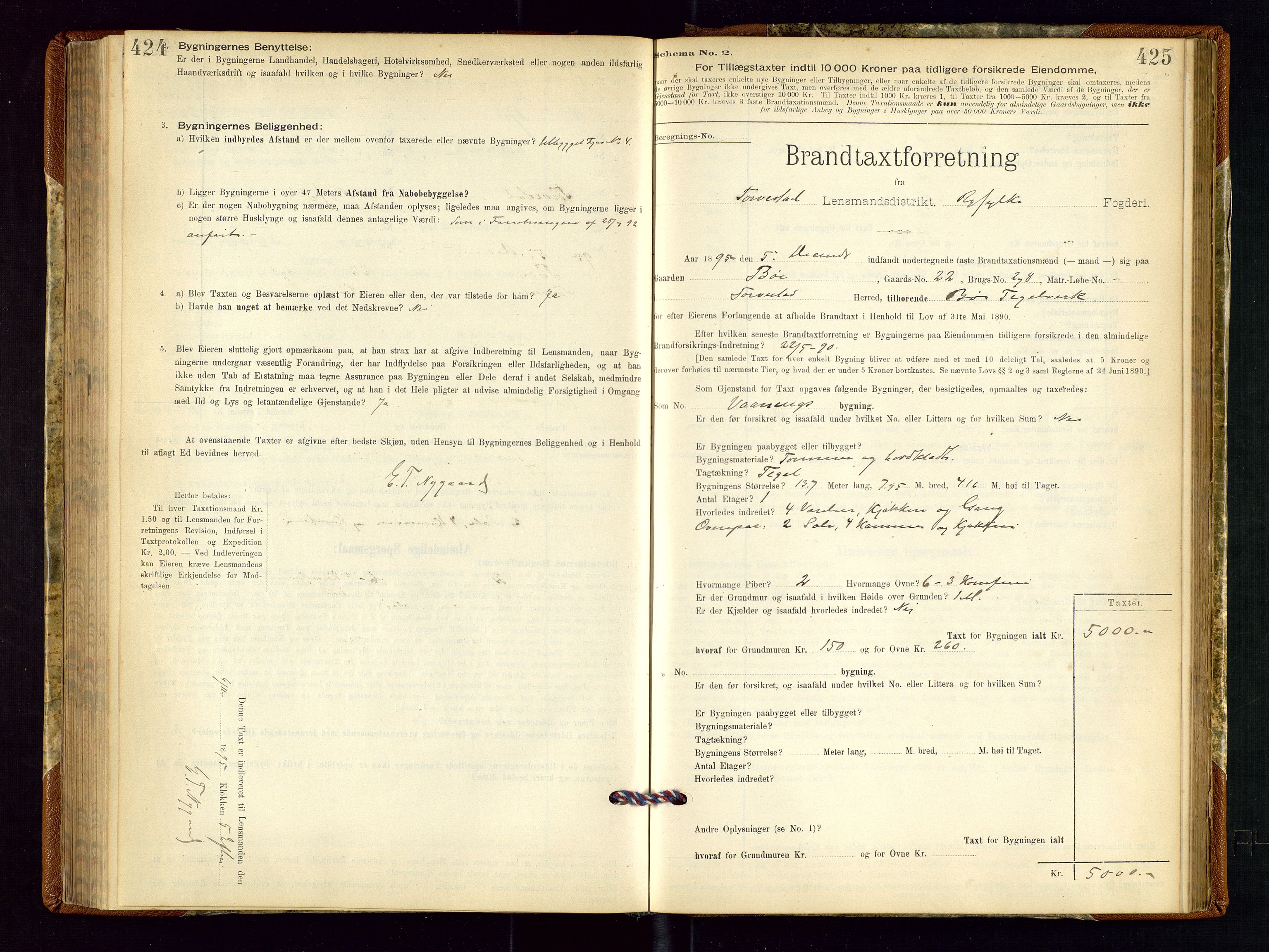 Torvestad lensmannskontor, SAST/A-100307/1/Gob/L0001: "Brandtaxationsprotokol for Torvestad Lensmannsdistrikt", 1895-1904, p. 424-425