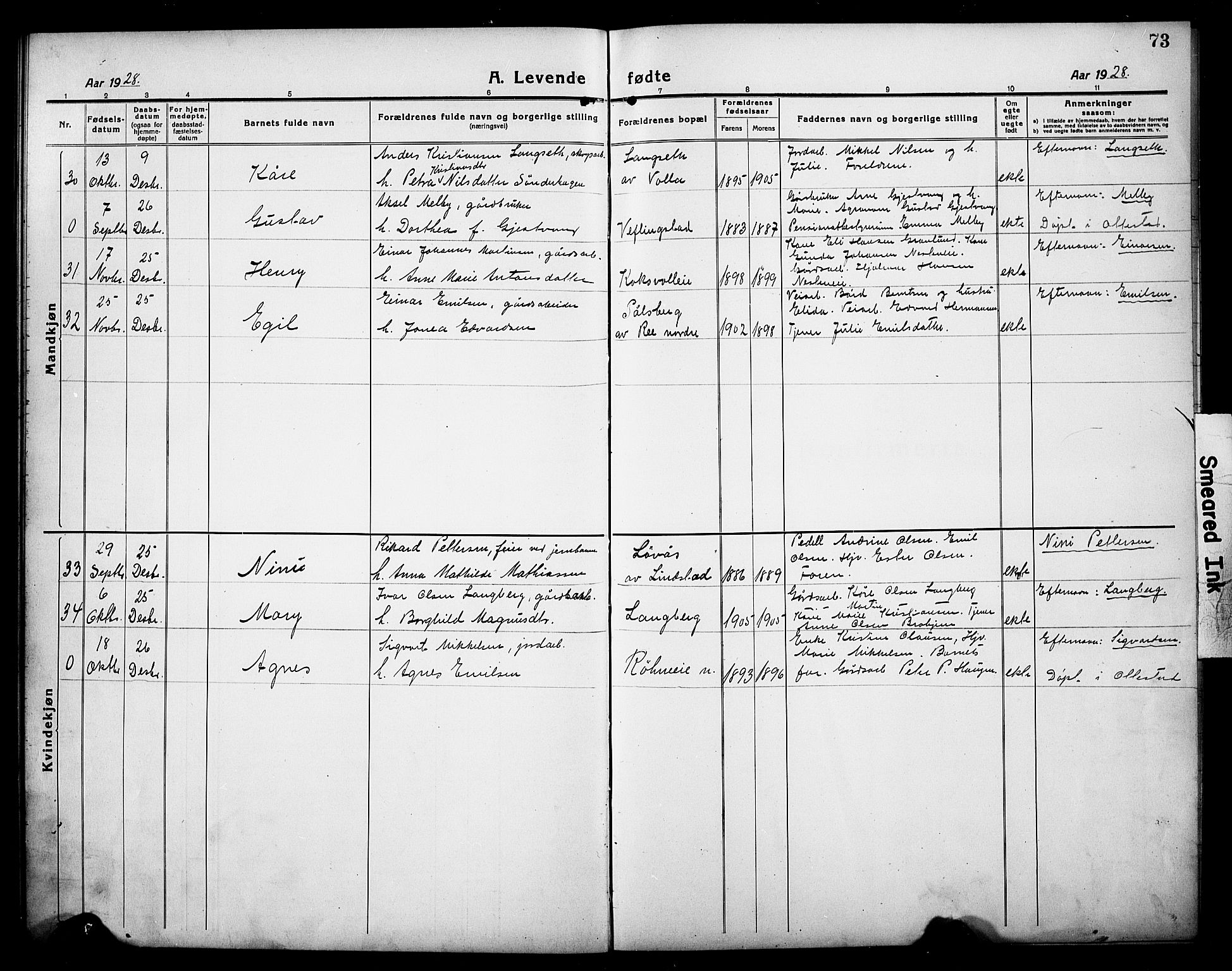 Stange prestekontor, AV/SAH-PREST-002/L/L0016: Parish register (copy) no. 16, 1918-1928, p. 73