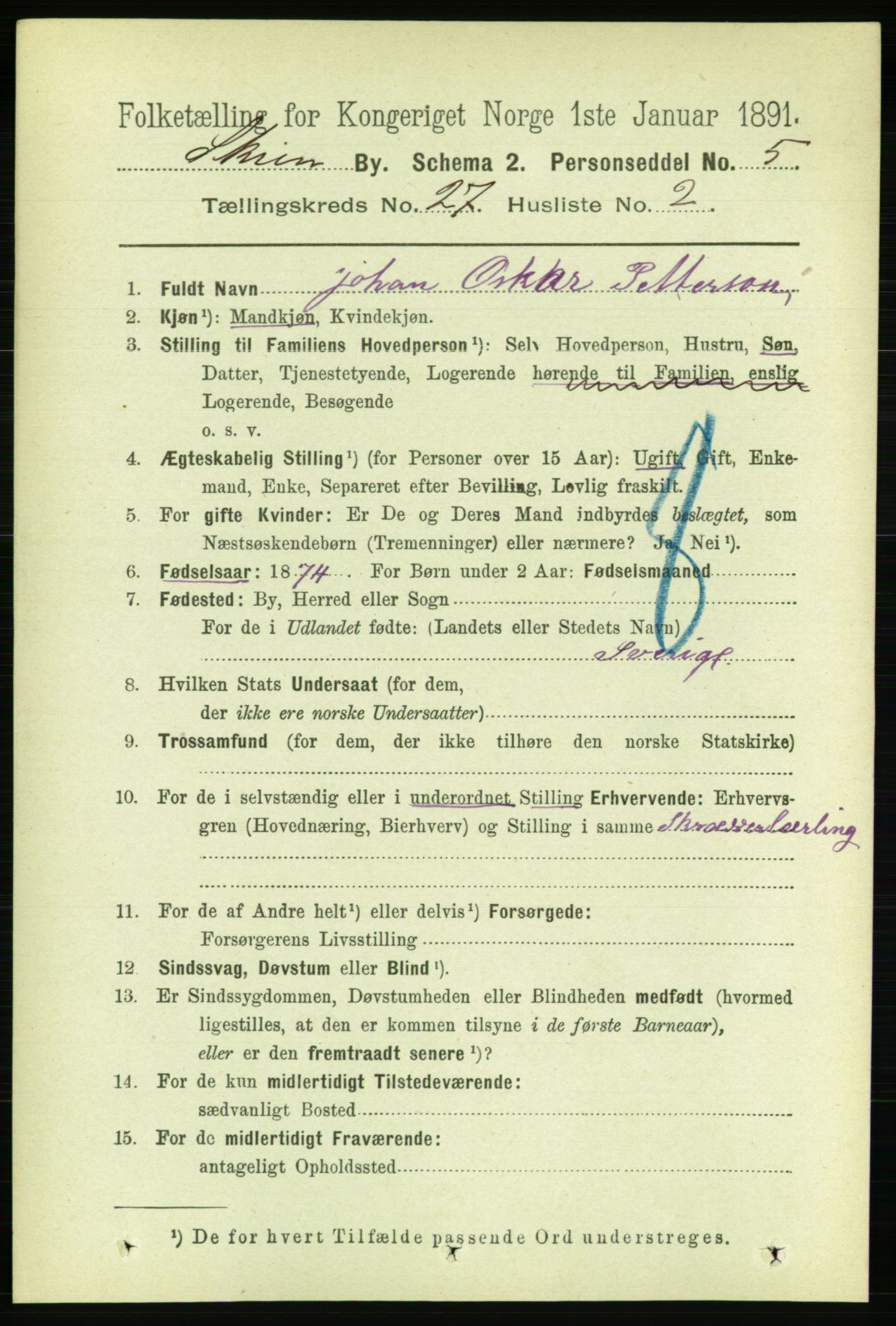 RA, 1891 census for 0806 Skien, 1891, p. 6342