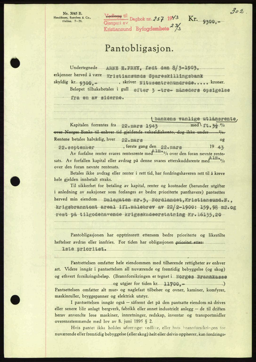 Kristiansund byfogd, SAT/A-4587/A/27: Mortgage book no. 36, 1942-1943, Diary no: : 257/1943