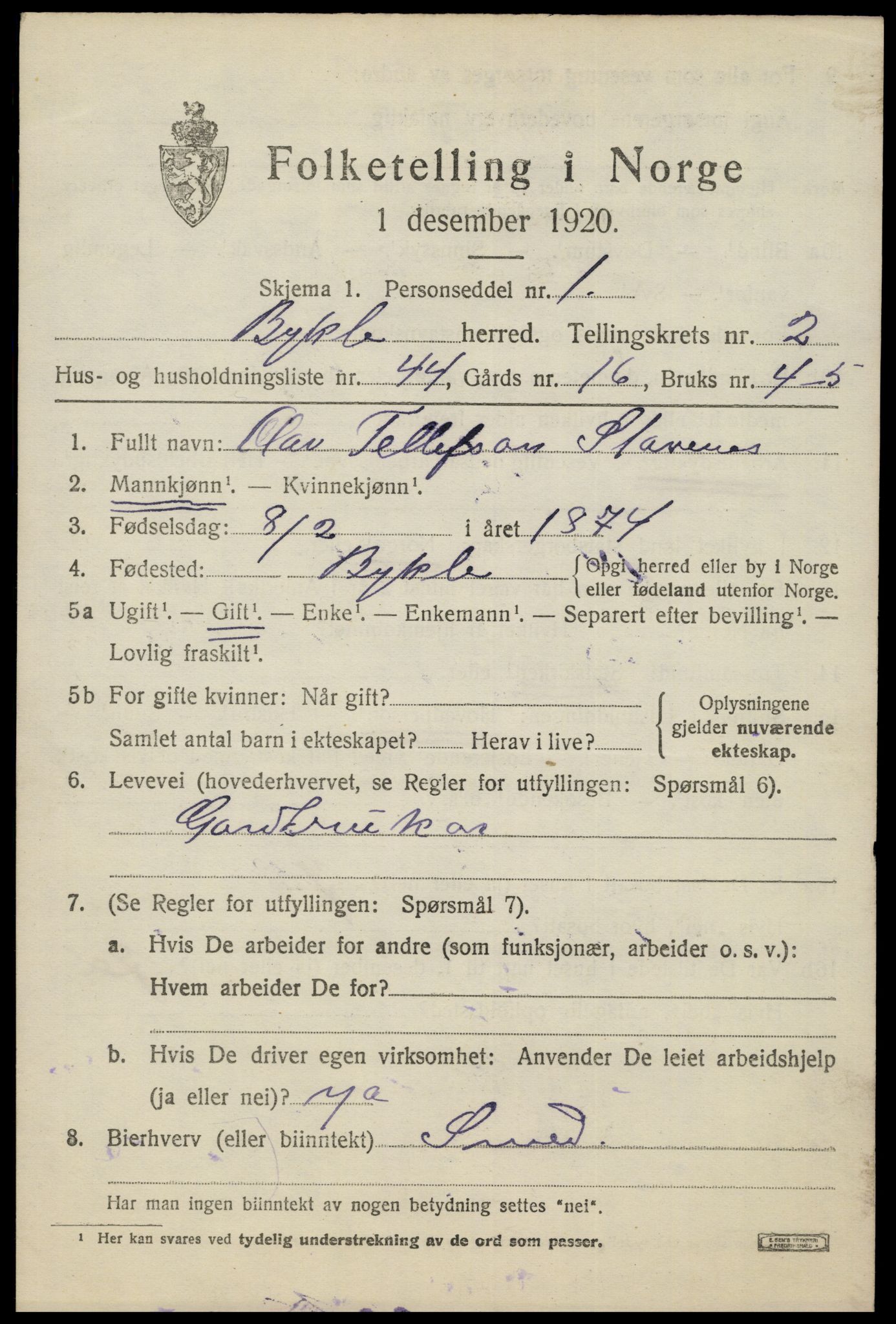 SAK, 1920 census for Bykle, 1920, p. 1015