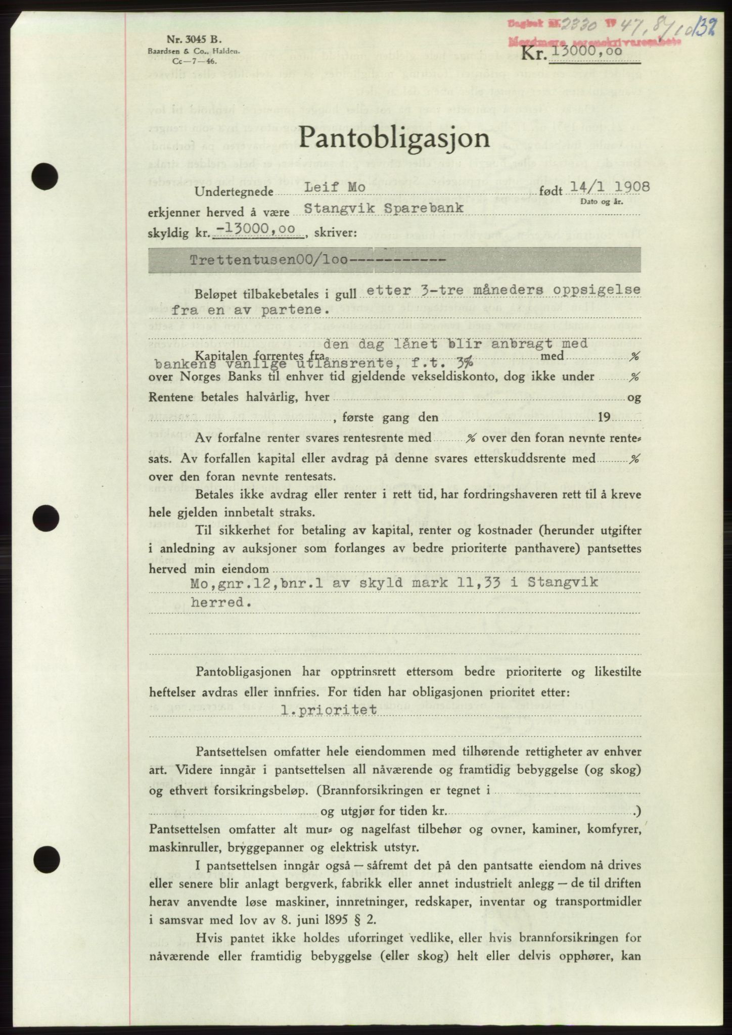 Nordmøre sorenskriveri, AV/SAT-A-4132/1/2/2Ca: Mortgage book no. B97, 1947-1948, Diary no: : 2330/1947