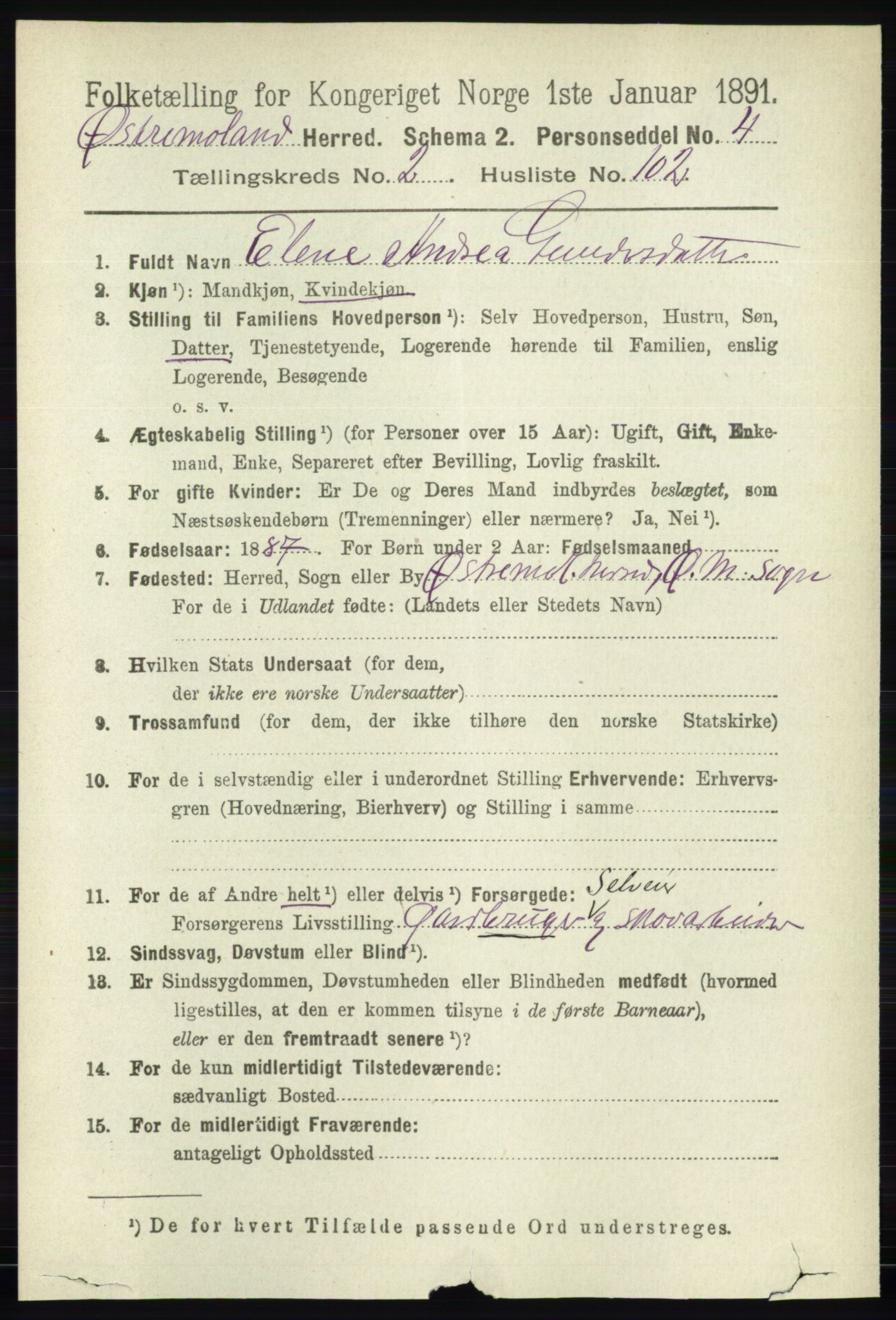 RA, 1891 census for 0918 Austre Moland, 1891, p. 1284