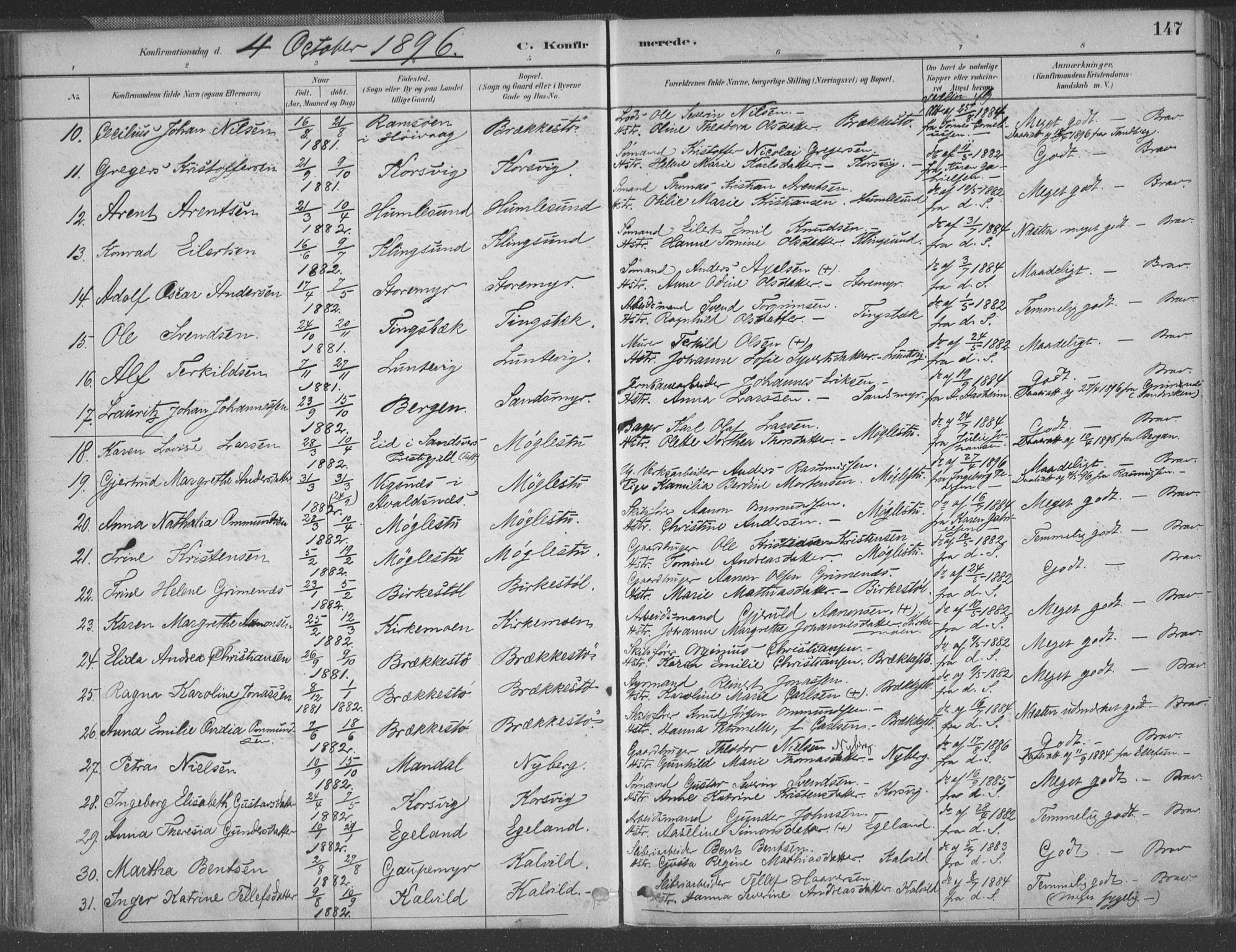 Vestre Moland sokneprestkontor, AV/SAK-1111-0046/F/Fa/Fab/L0009: Parish register (official) no. A 9, 1884-1899, p. 147